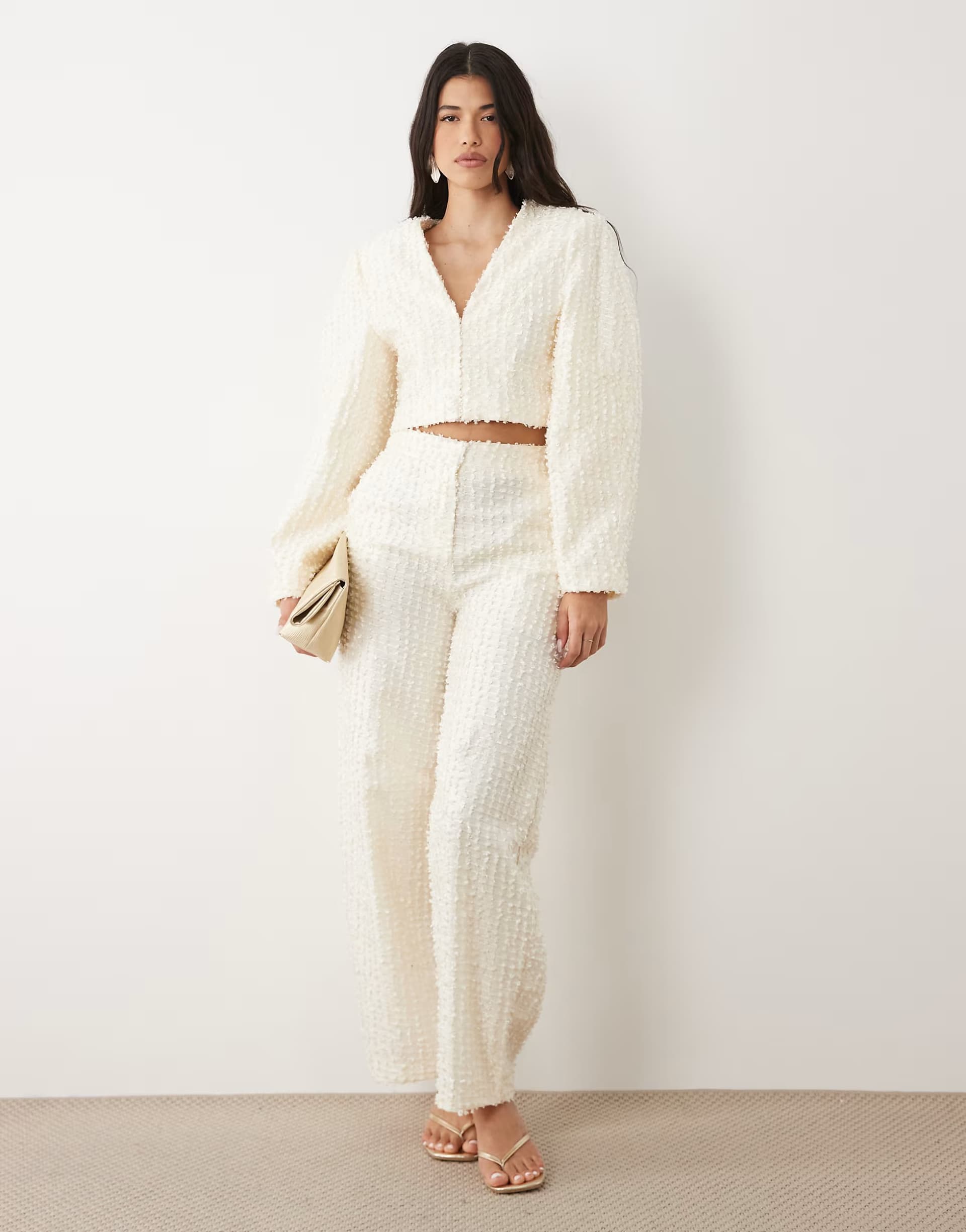 ASOS ASOS LUXE boucle cropped ovoid sleeve blazer and barrel leg trouser co-ord in cream