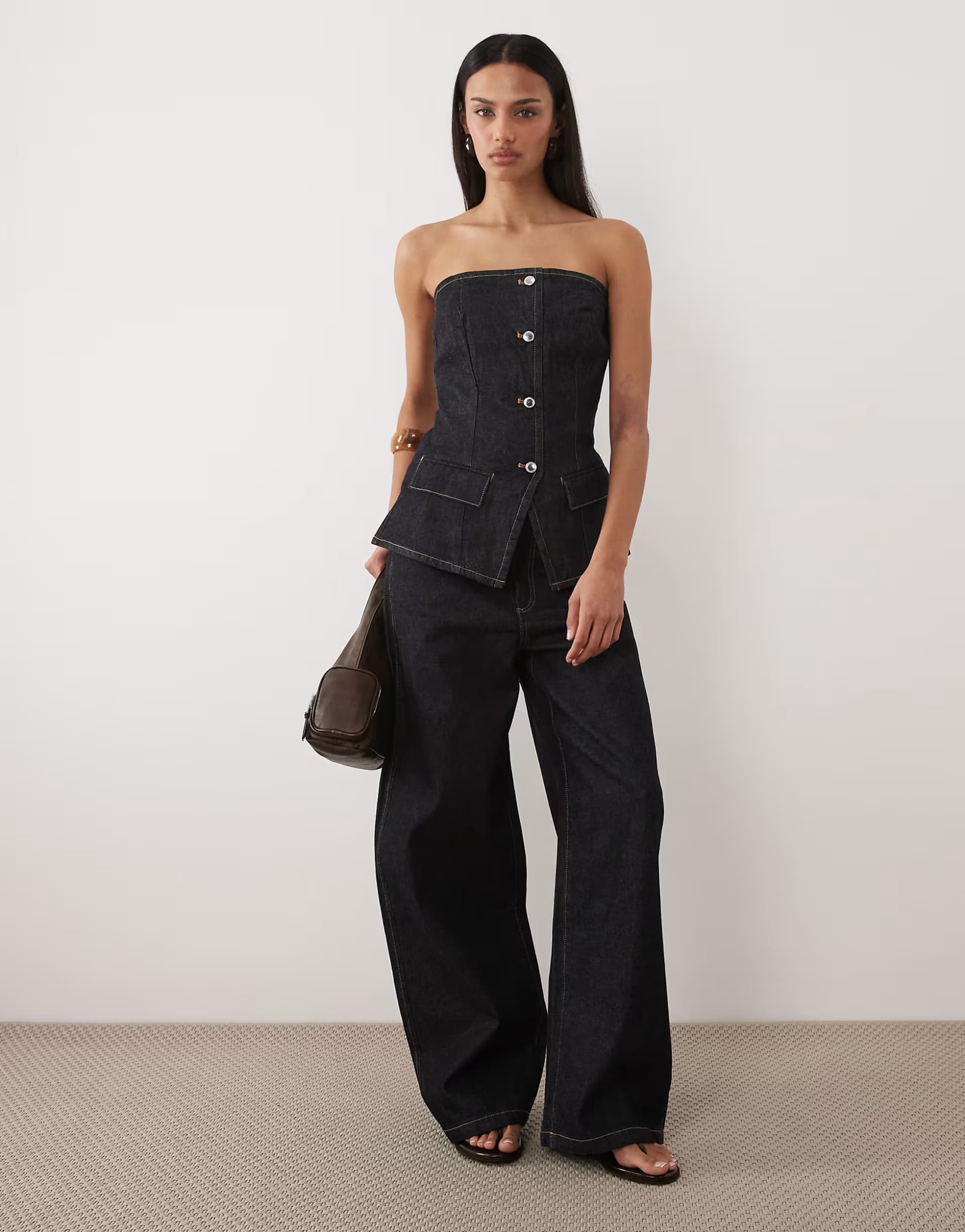 ASOS Mango Clemence 100% cotton button through bandeau top & barrel jean co-ord in indigo