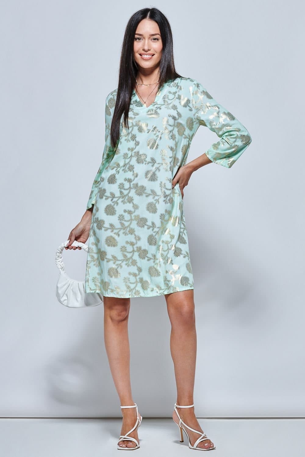 Jolie Moi Jolie Moi Women's 3/4 Sleeve Printed Midi Tunic Holiday Dress in Green