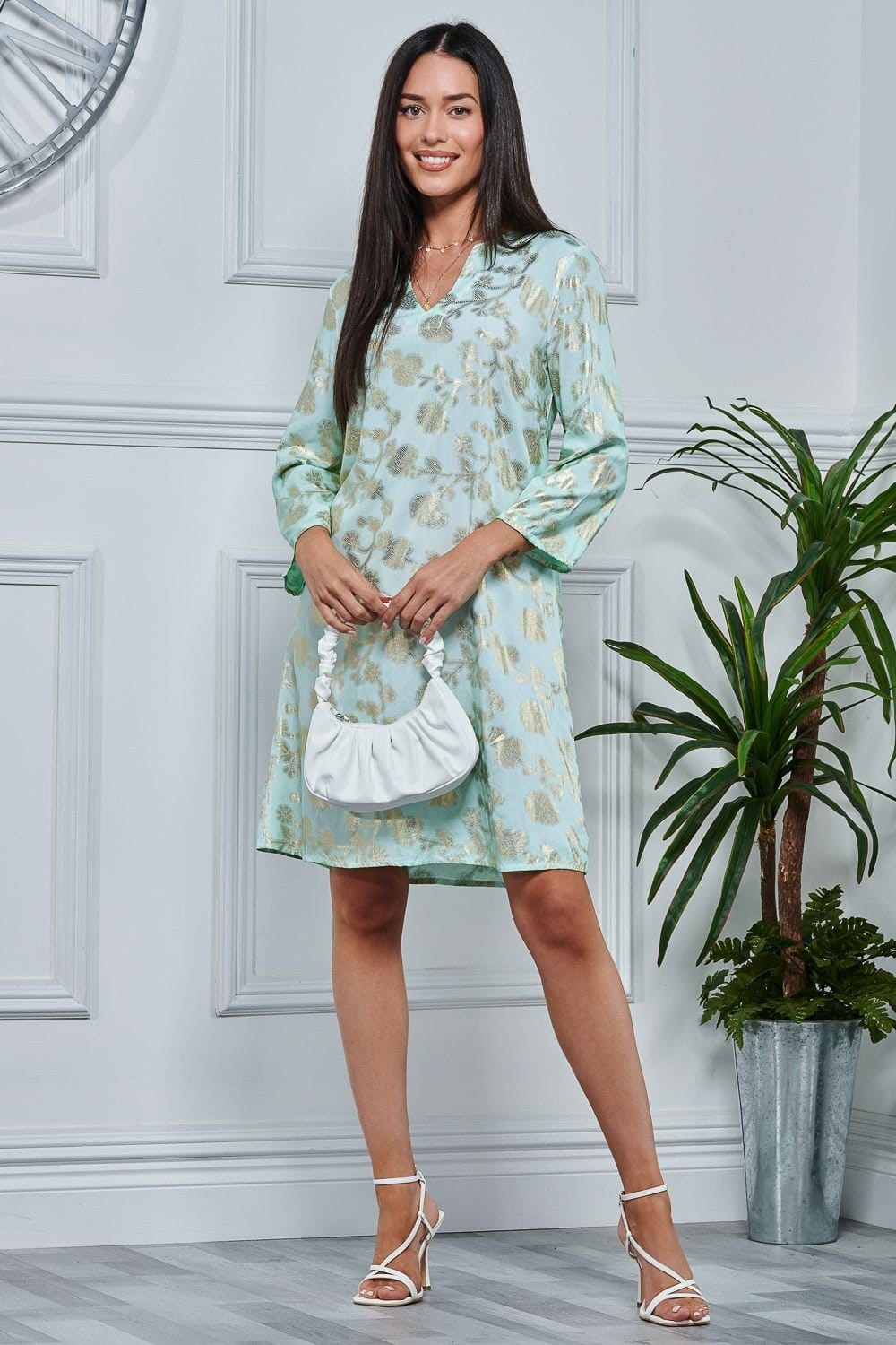 Jolie Moi Jolie Moi Women's 3/4 Sleeve Printed Midi Tunic Holiday Dress in Green - 4