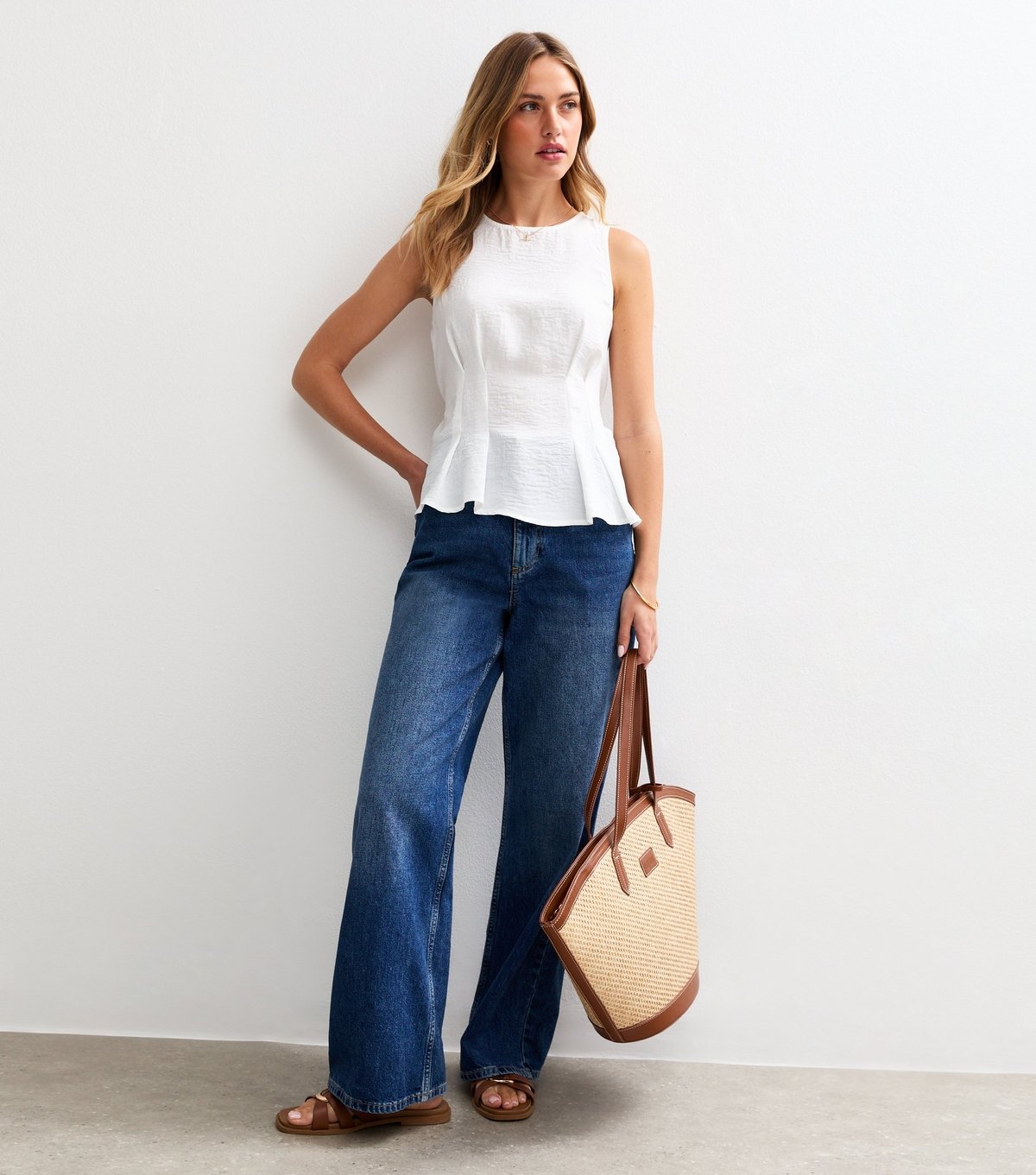 New Look Women's White Crinkle Texture Pleated Waist Peplum Top New Look - 3