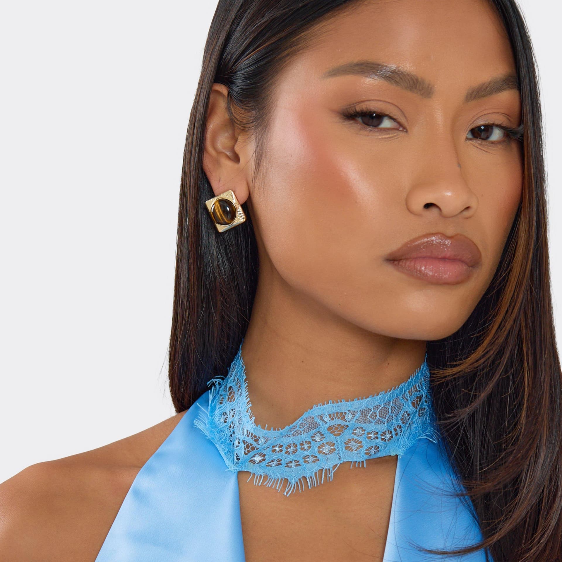 EGO EGO Gold Gem Detail Square Stud Earrings