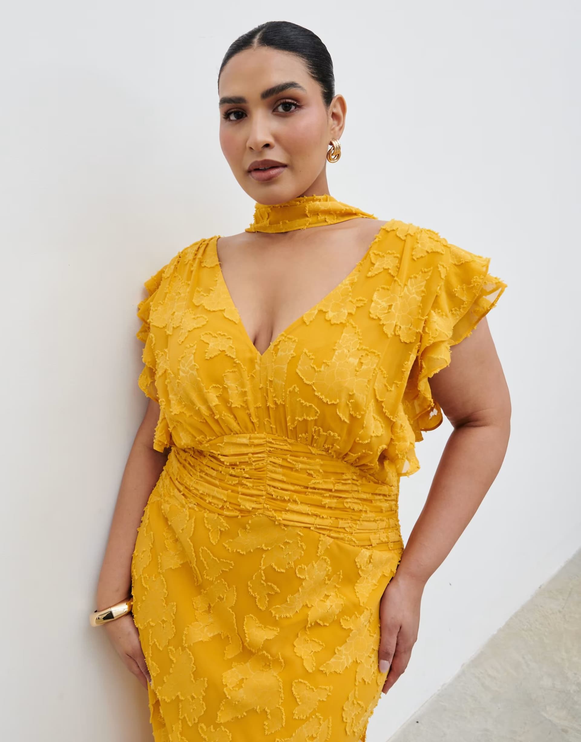 ASOS Pretty Lavish Curve jacquard deep v ruffle sleeve scarf detail maxi dress in yellow ochre