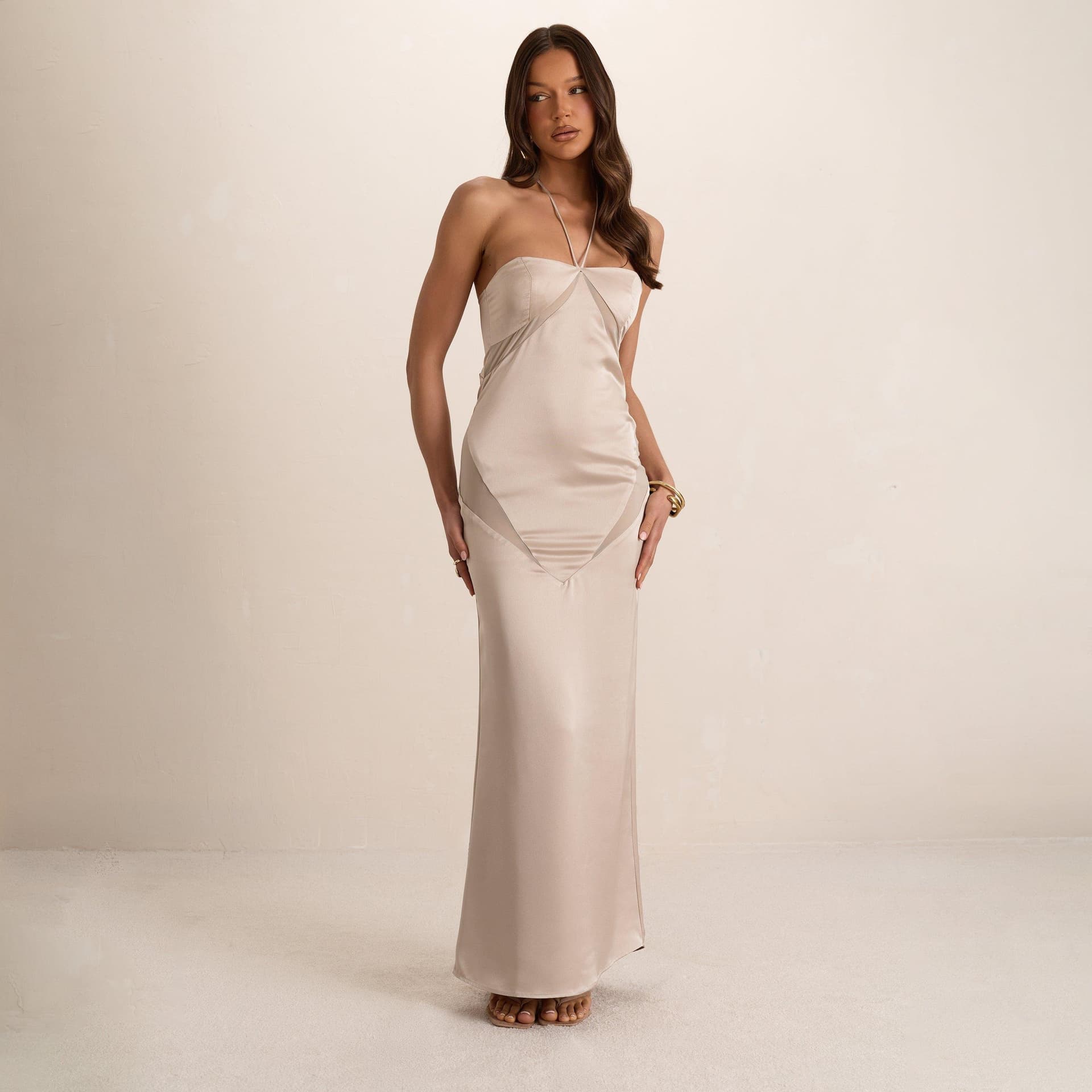 EGO Halterneck Contrast Panel Detail Maxi Dress In Silver Satin, Women's Size UK 6