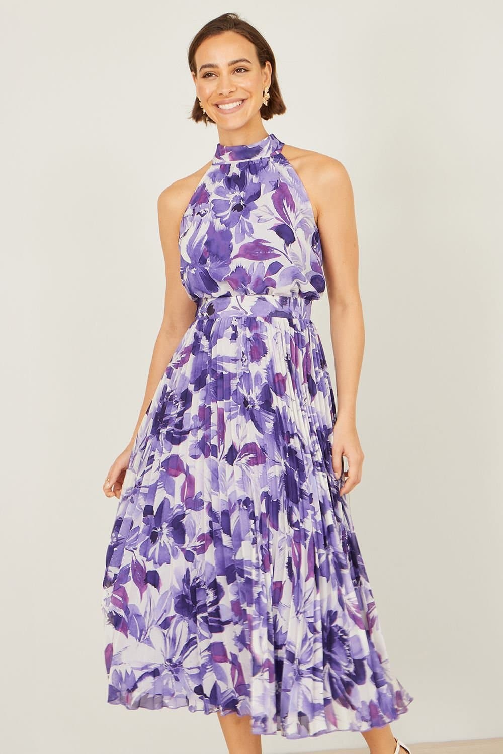 Yumi Yumi Women's Purple Abstract Floral Halter Neck Pleated Midi Dress