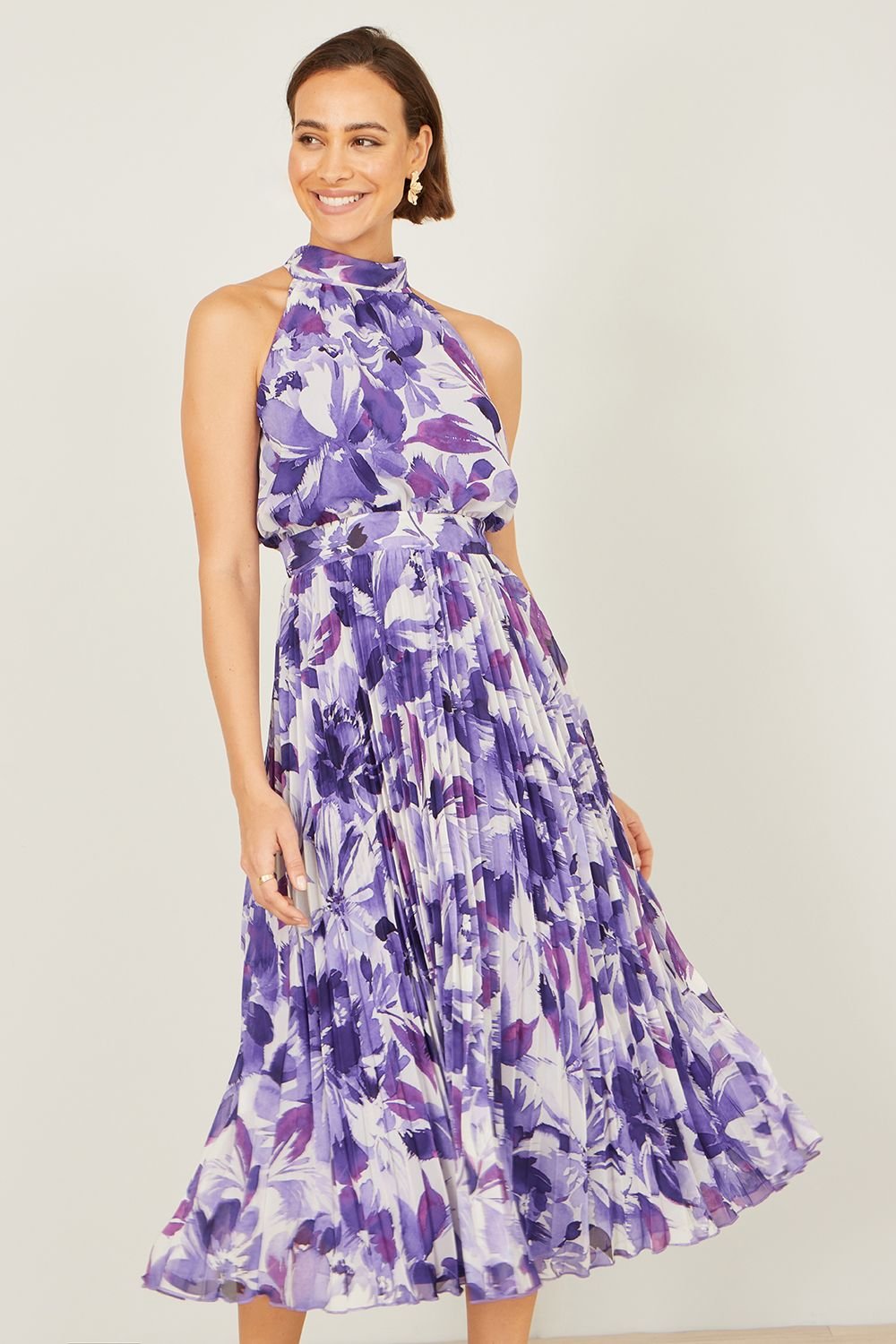 Yumi Yumi Women's Purple Abstract Floral Halter Neck Pleated Midi Dress - 2