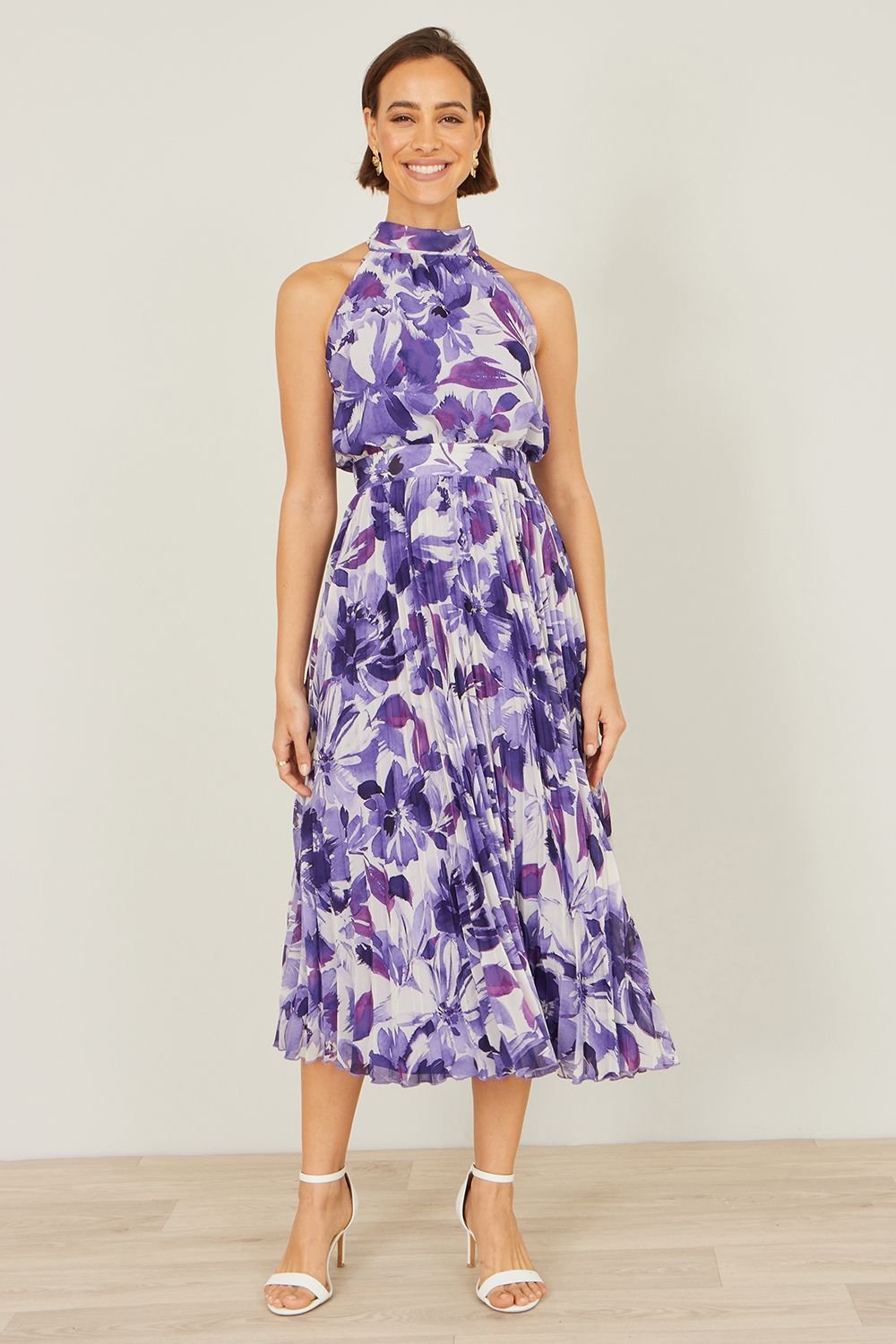 Yumi Yumi Women's Purple Abstract Floral Halter Neck Pleated Midi Dress - 3