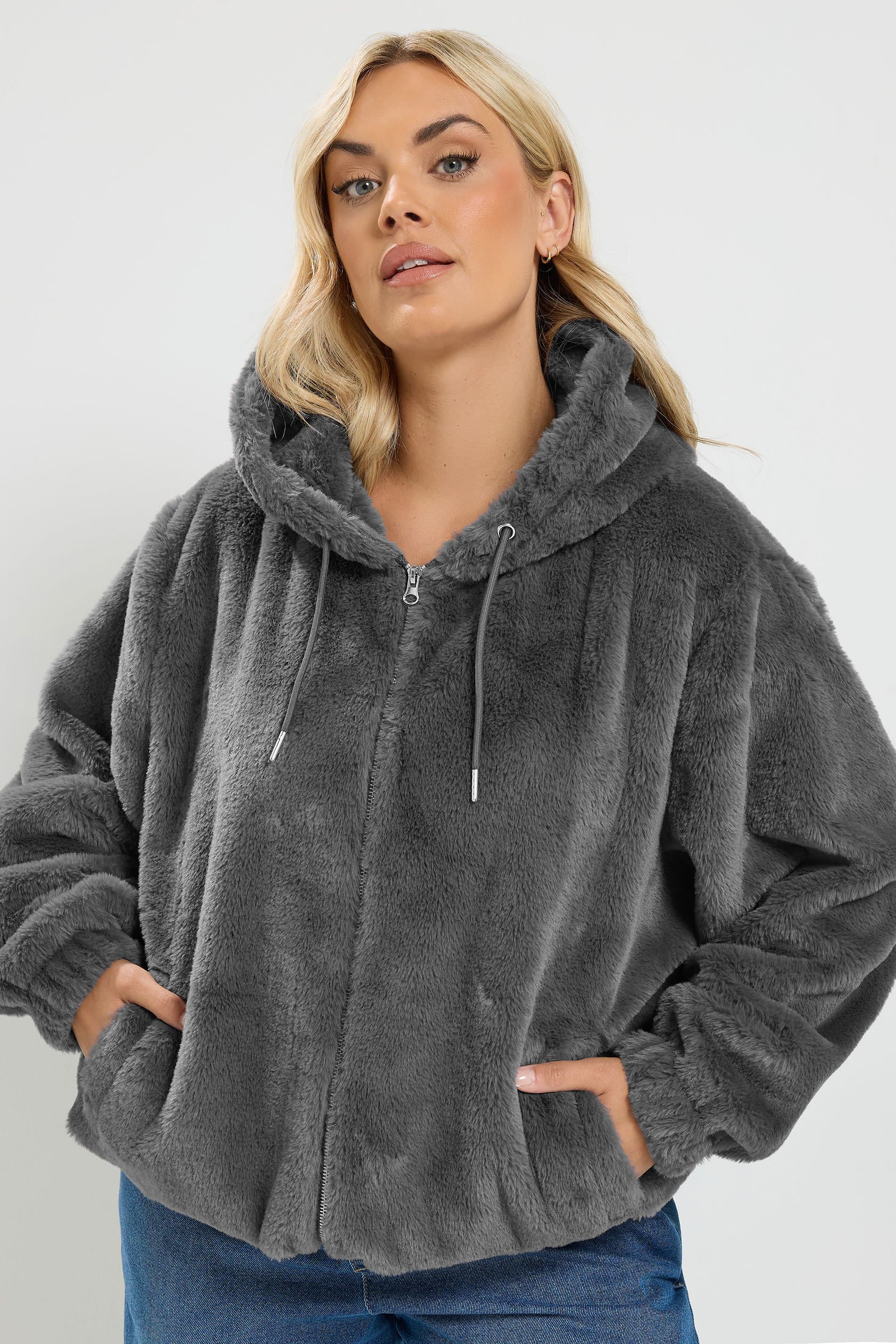 Yours Plus Size Grey Faux Fur Zip Through Jacket