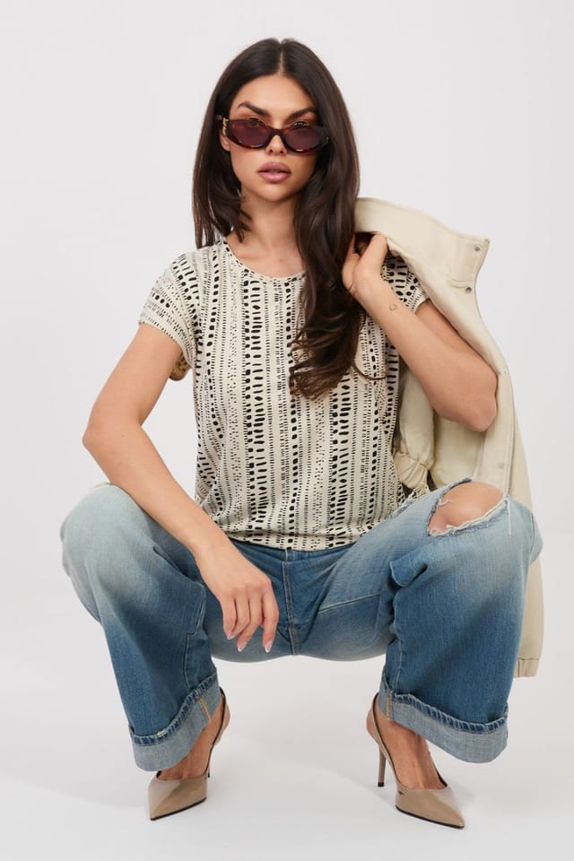 Love Lace Love Lace Women's Printed Viscose Everyday Blouse with Round Neck in Beige - 2