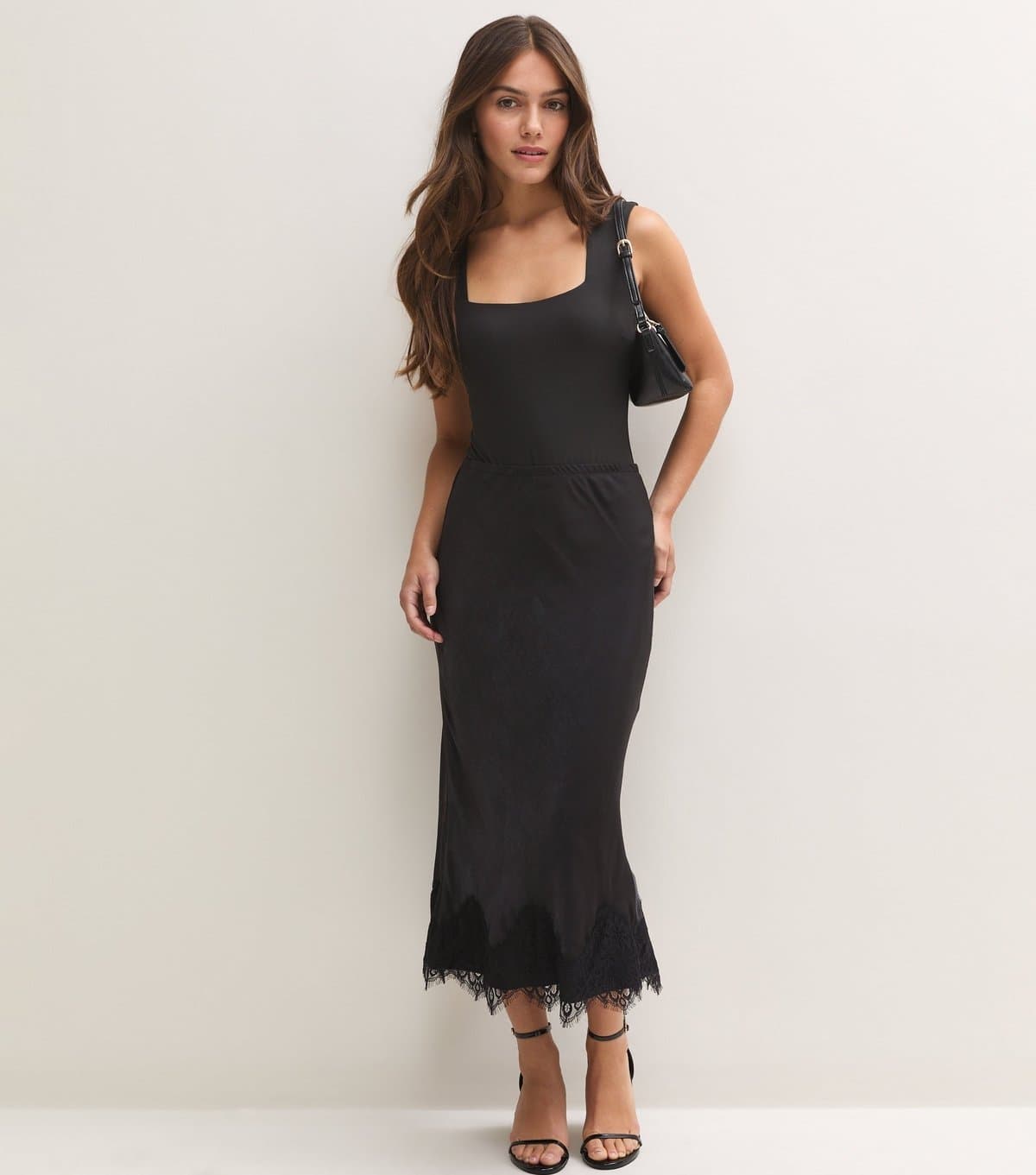 New Look Women's Petite Black Satin Lace Trim High Waisted Midi Skirt New Look