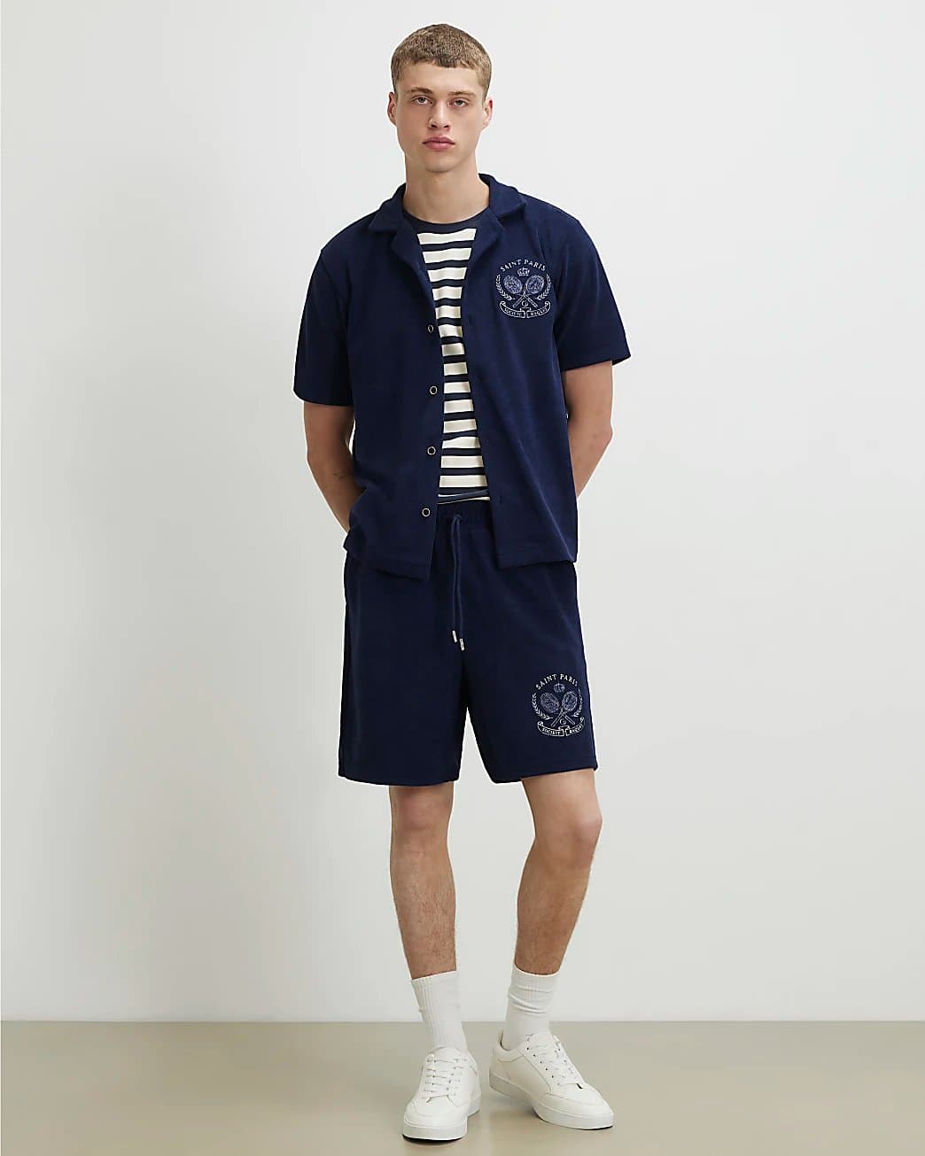 River Island Mens River Island Navy Regular Fit Towelling Tennis Shorts