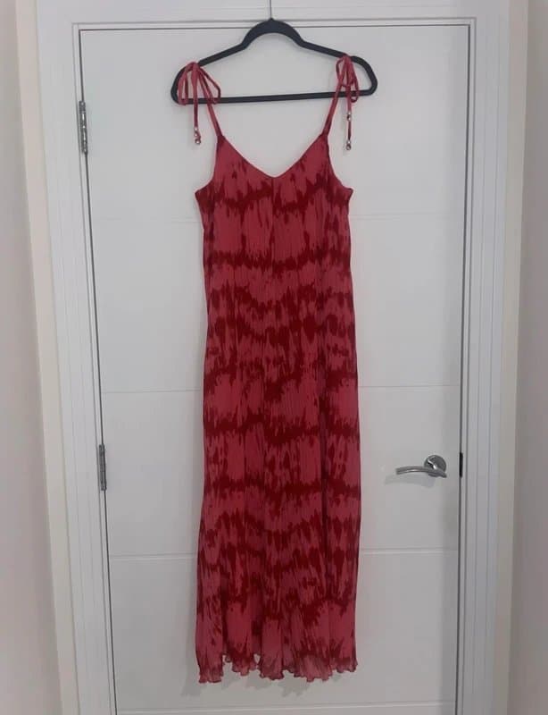 Never Fully Dressed Never Fully Dressed Pink Red Plisse Tie Dye Midaxi Dress Size 12 Beaded Summer wedding ombre