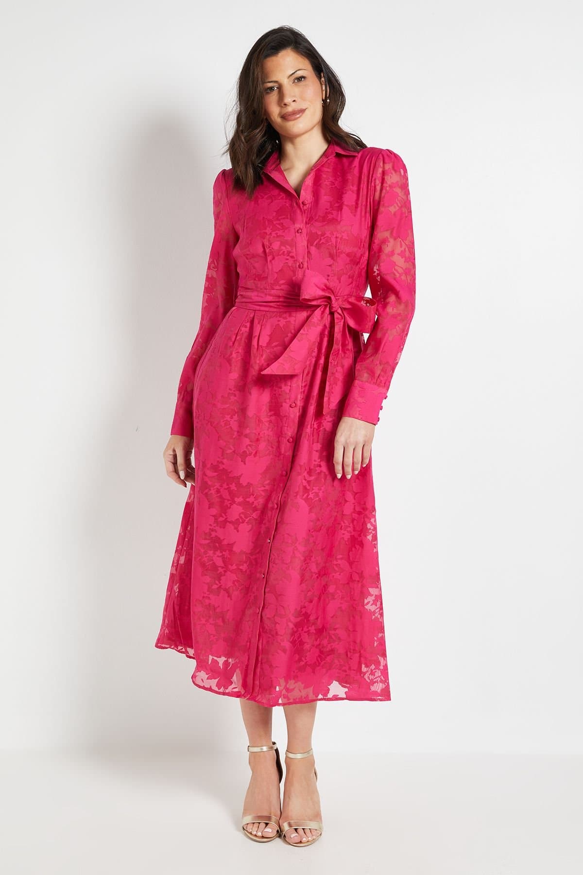 Wallis Wallis Women's Floral Organza Belted Midi dress in Pink