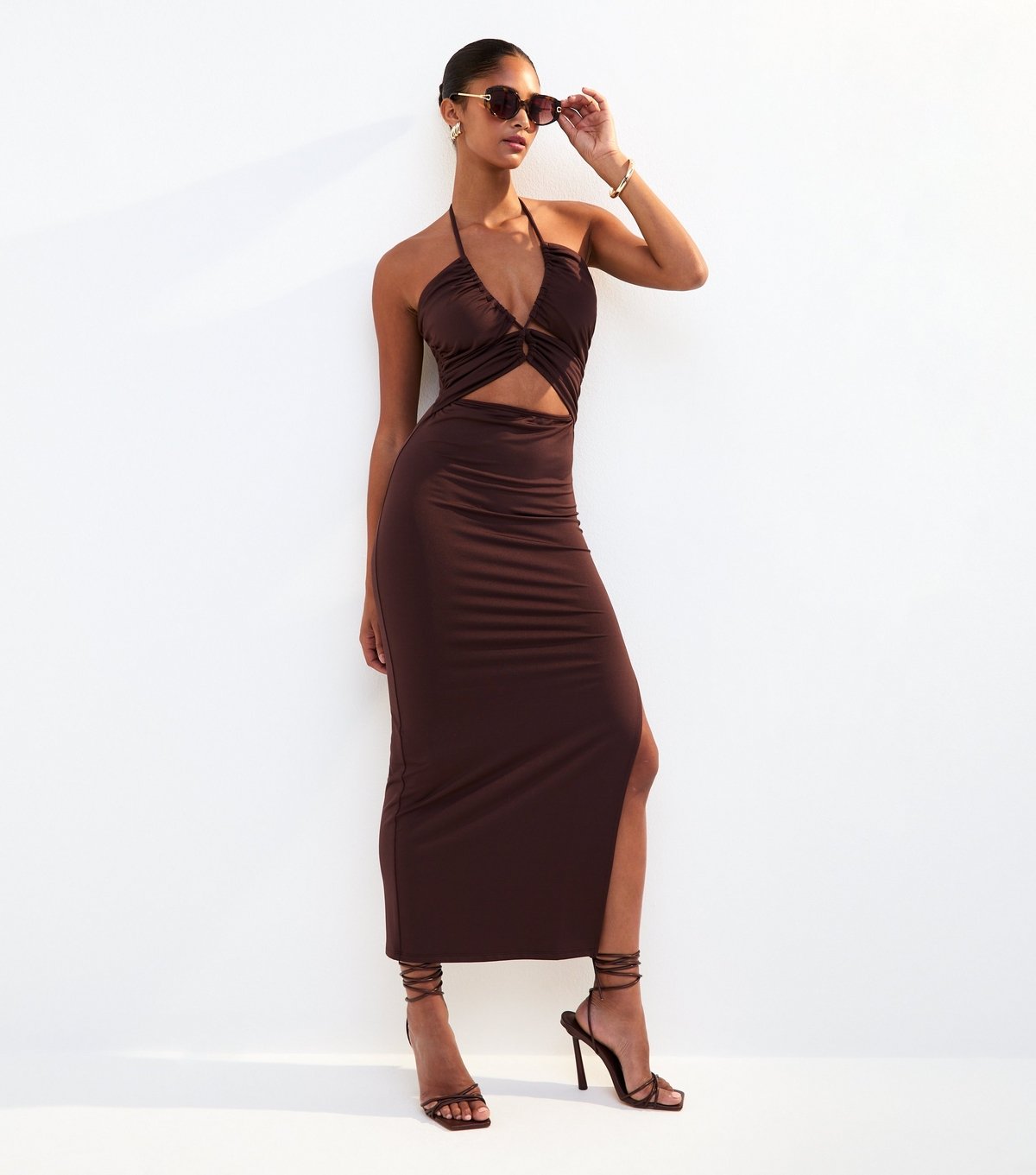 New Look Women's Dark Brown Halterneck Cut Out Midi Dress New Look - 1