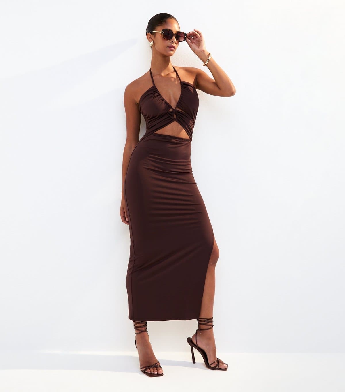 New Look Women's Dark Brown Halterneck Cut Out Midi Dress New Look