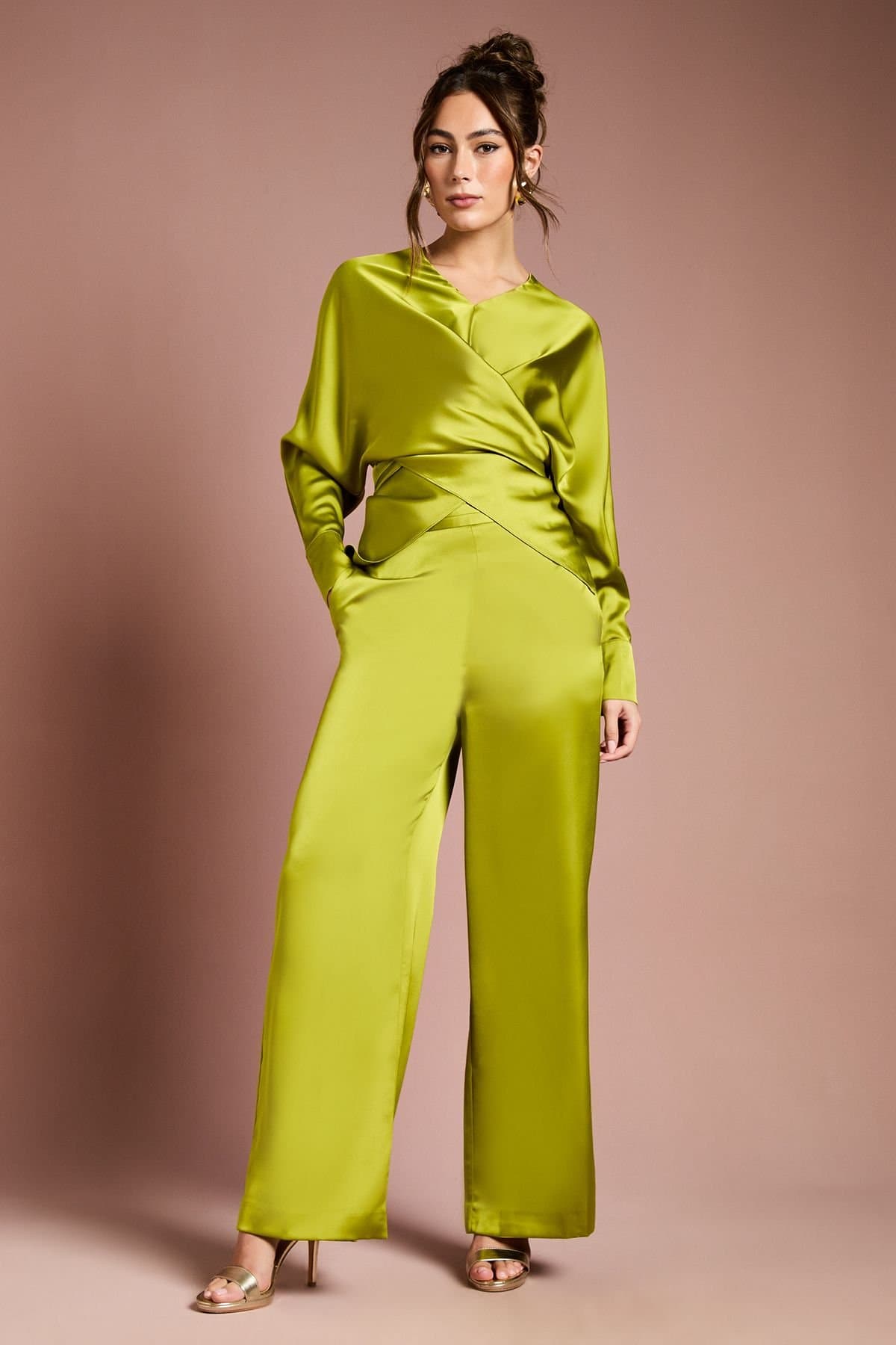 Coast Coast Women's Wide Leg Satin Trouser in Chartreuse