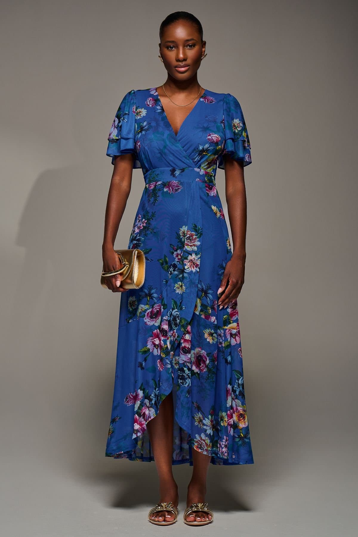 Jolie Moi Jolie Moi Women's Angel Sleeve Mesh Frill Wrap Maxi Dress in Royal