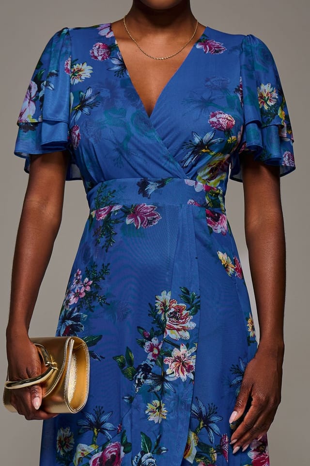 Jolie Moi Jolie Moi Women's Angel Sleeve Mesh Frill Wrap Maxi Dress in Royal - 3