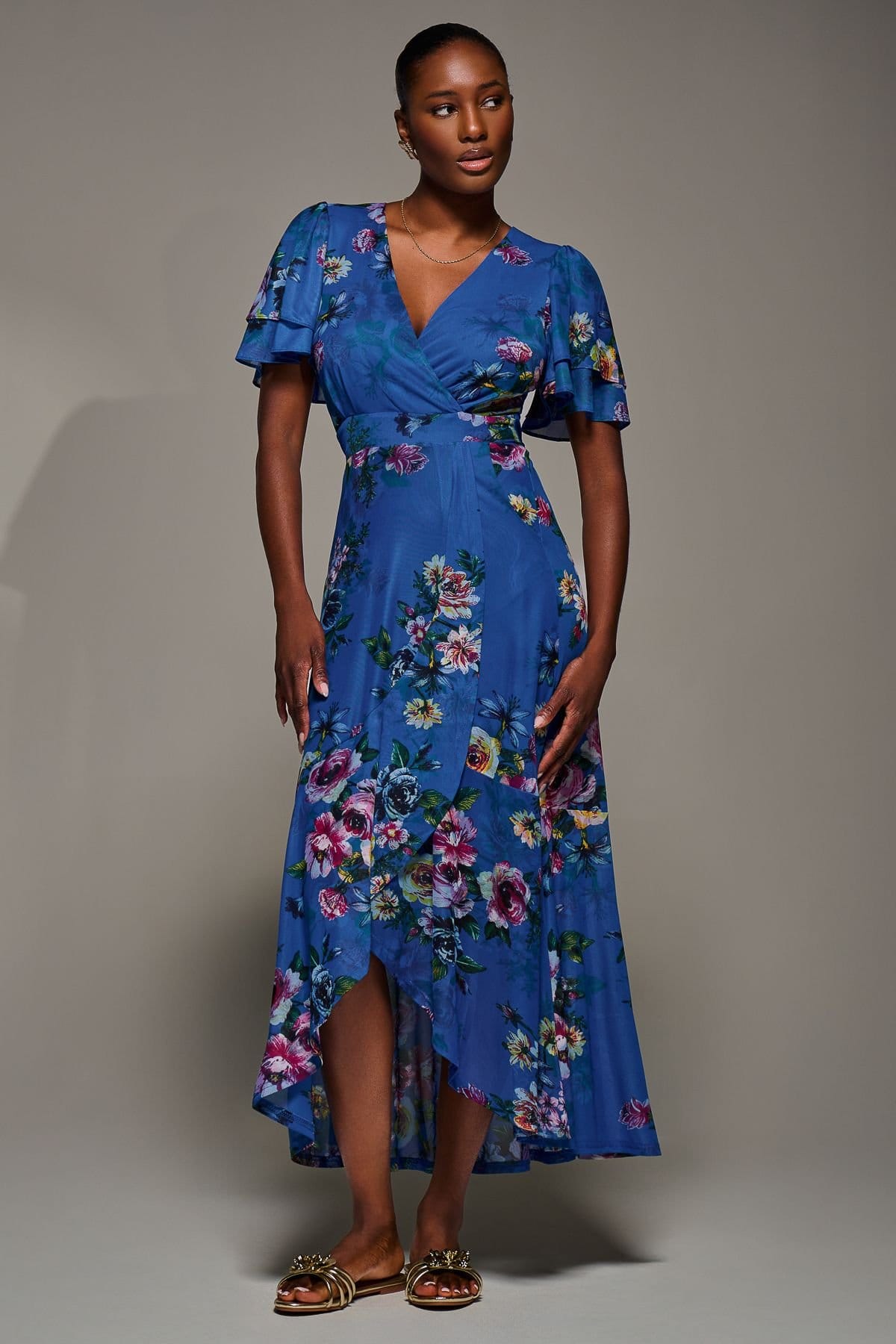 Jolie Moi Jolie Moi Women's Angel Sleeve Mesh Frill Wrap Maxi Dress in Royal - 4