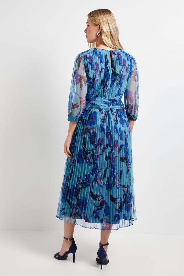 Wallis Wallis Women's Petite Mesh Pleated Twist Waist Midi Dress in Blue - 3
