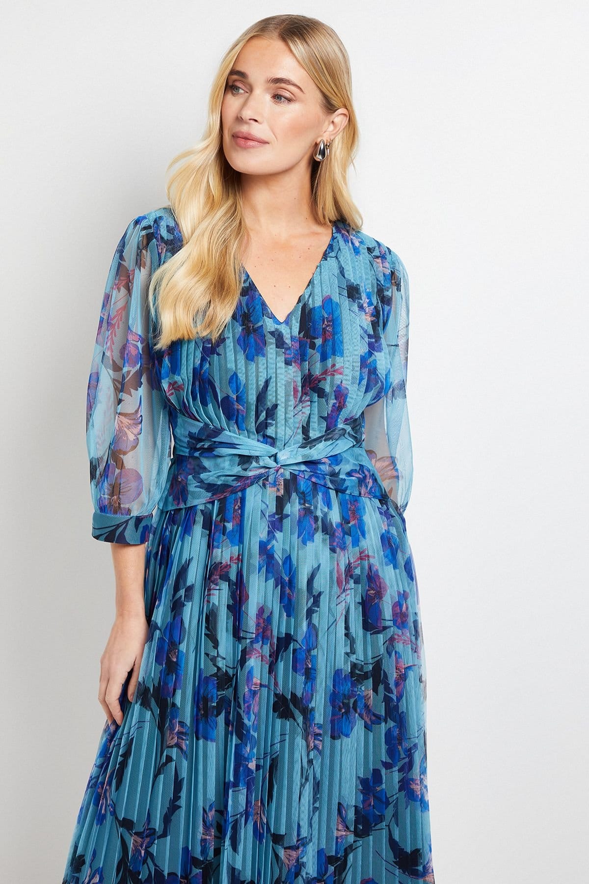 Wallis Wallis Women's Petite Mesh Pleated Twist Waist Midi Dress in Blue - 4