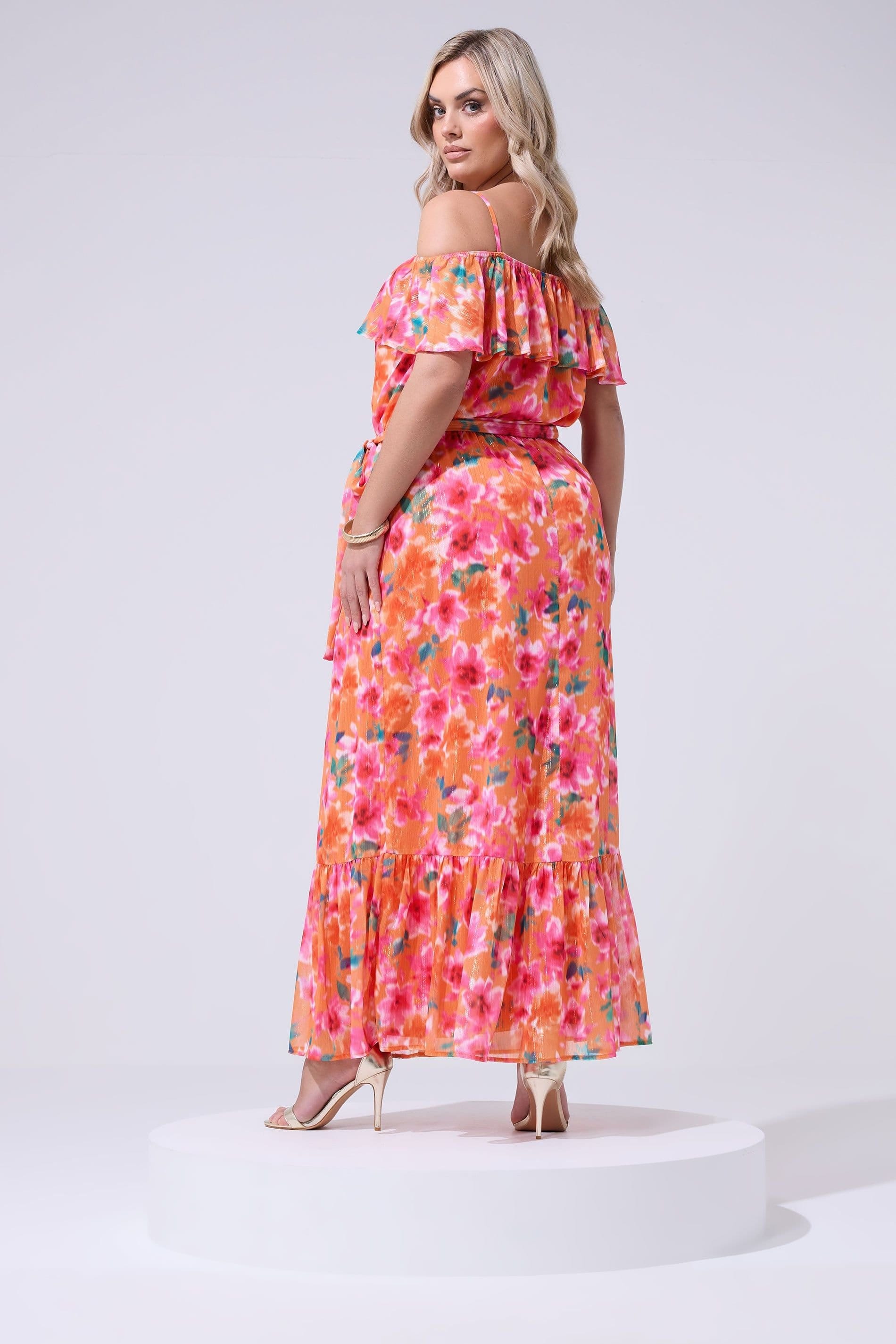 Yours Yours Women's Floral Cold Shoulder Dress in Coral - 4