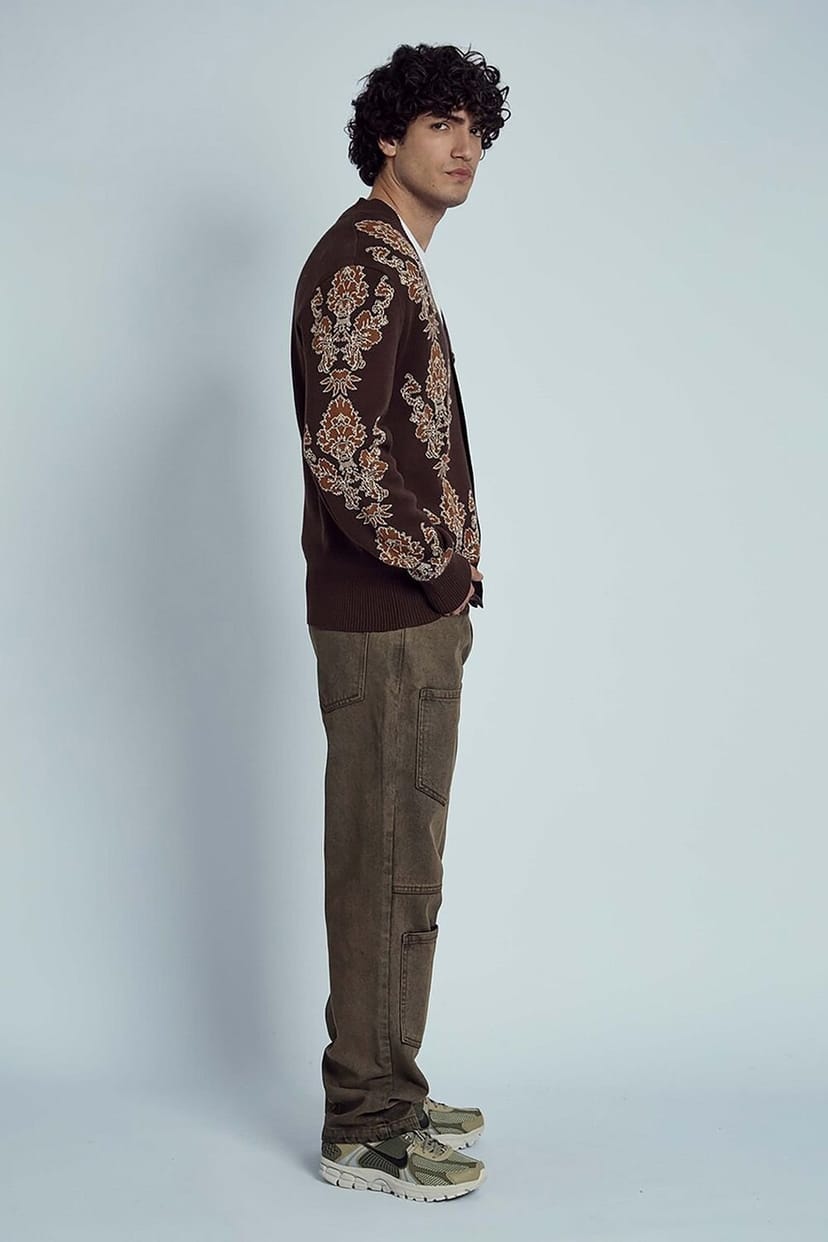 Native Youth Native Youth Men's Floral Knit V-Neck Button Long Sleeve Cardigan in Brown - 1