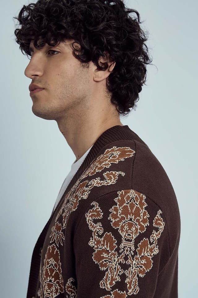 Native Youth Native Youth Men's Floral Knit V-Neck Button Long Sleeve Cardigan in Brown - 2