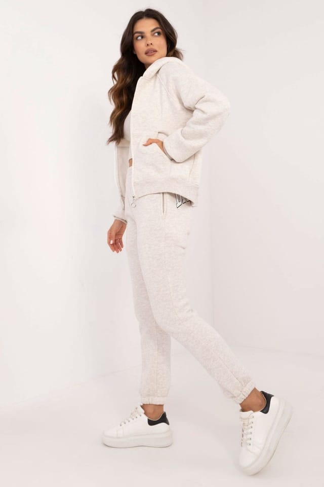 Love Lace Love Lace Women's Melange Cotton Elastane Hooded Sweat Set in Beige - 2