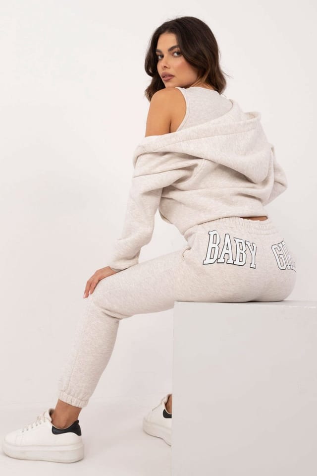 Love Lace Love Lace Women's Melange Cotton Elastane Hooded Sweat Set in Beige - 3