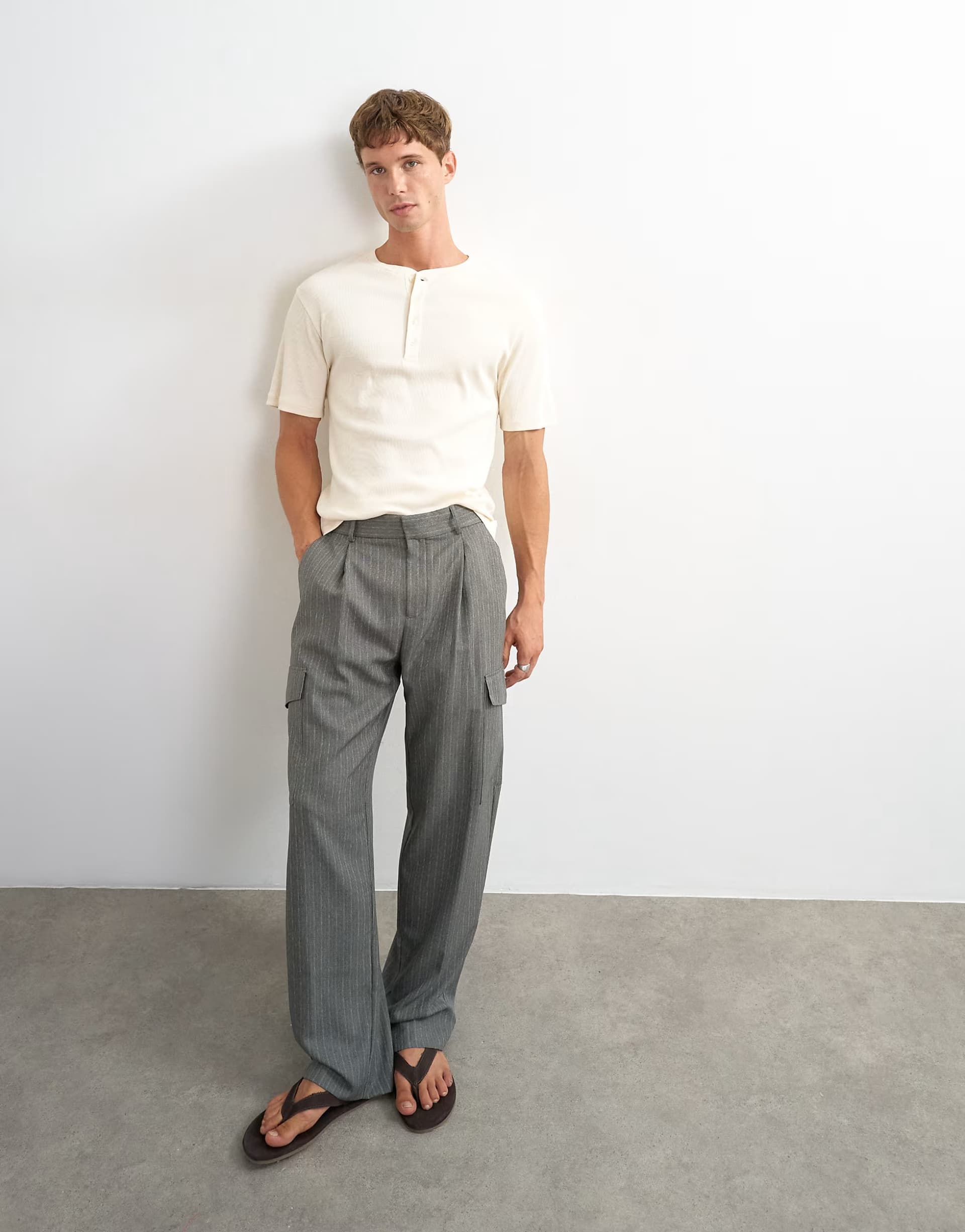 ASOS Topman wide leg stripe cargo trouser in charcoal