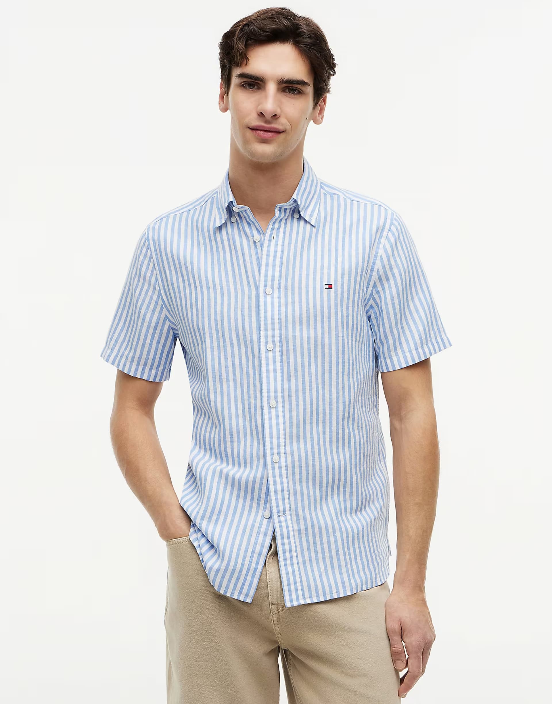 ASOS Tommy Hilfiger Regular linen blend bengal stripe short sleeve shirt in light blue