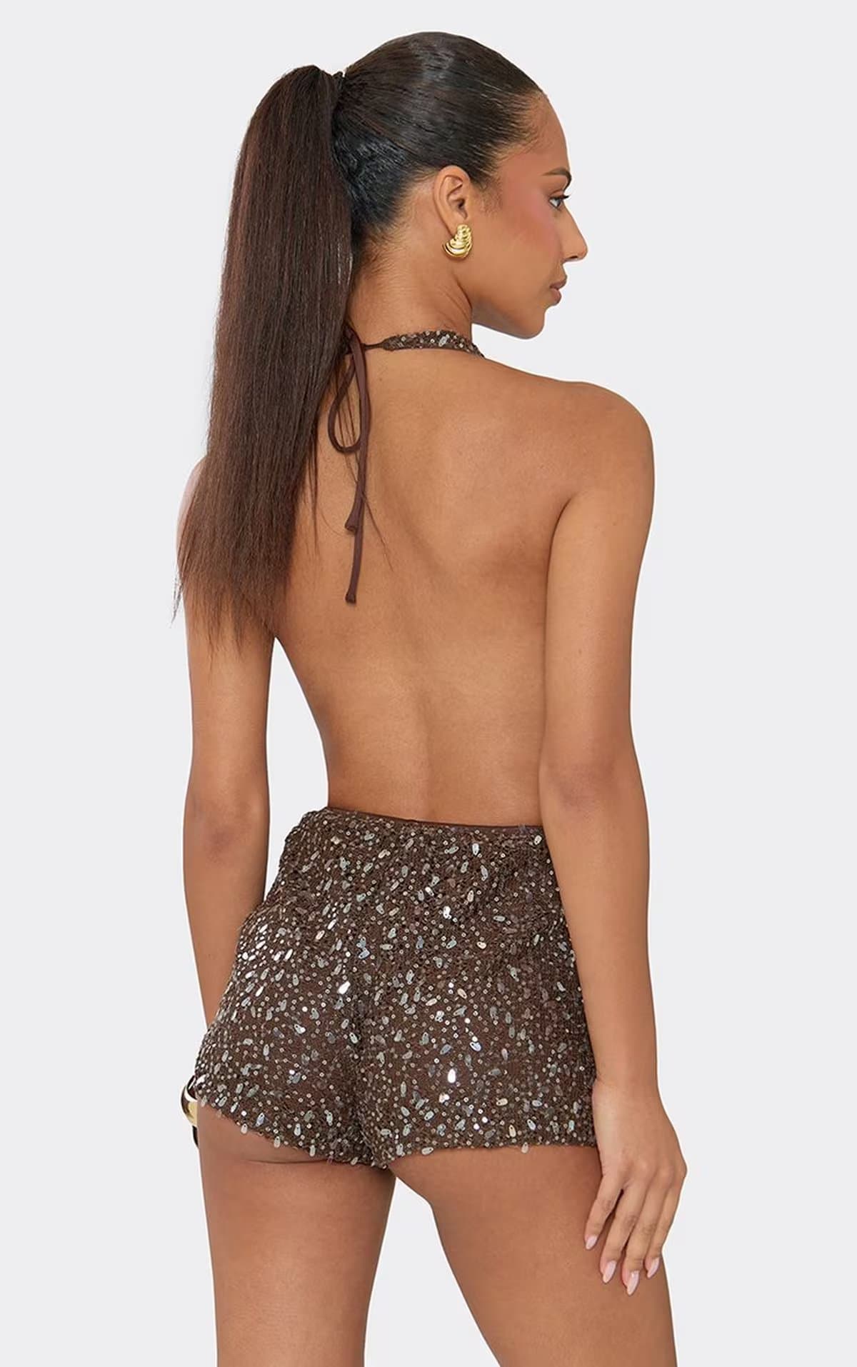 EGO Halterneck Plunge Open Back Playsuit In Brown Sequin Crochet Knit., Women's Size UK 6
