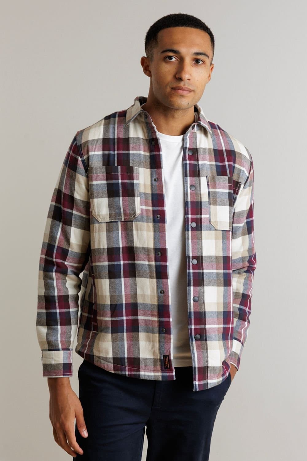 Tokyo Laundry Tokyo Laundry Men's Sherpa-Lined Check Overshirt in Burgundy