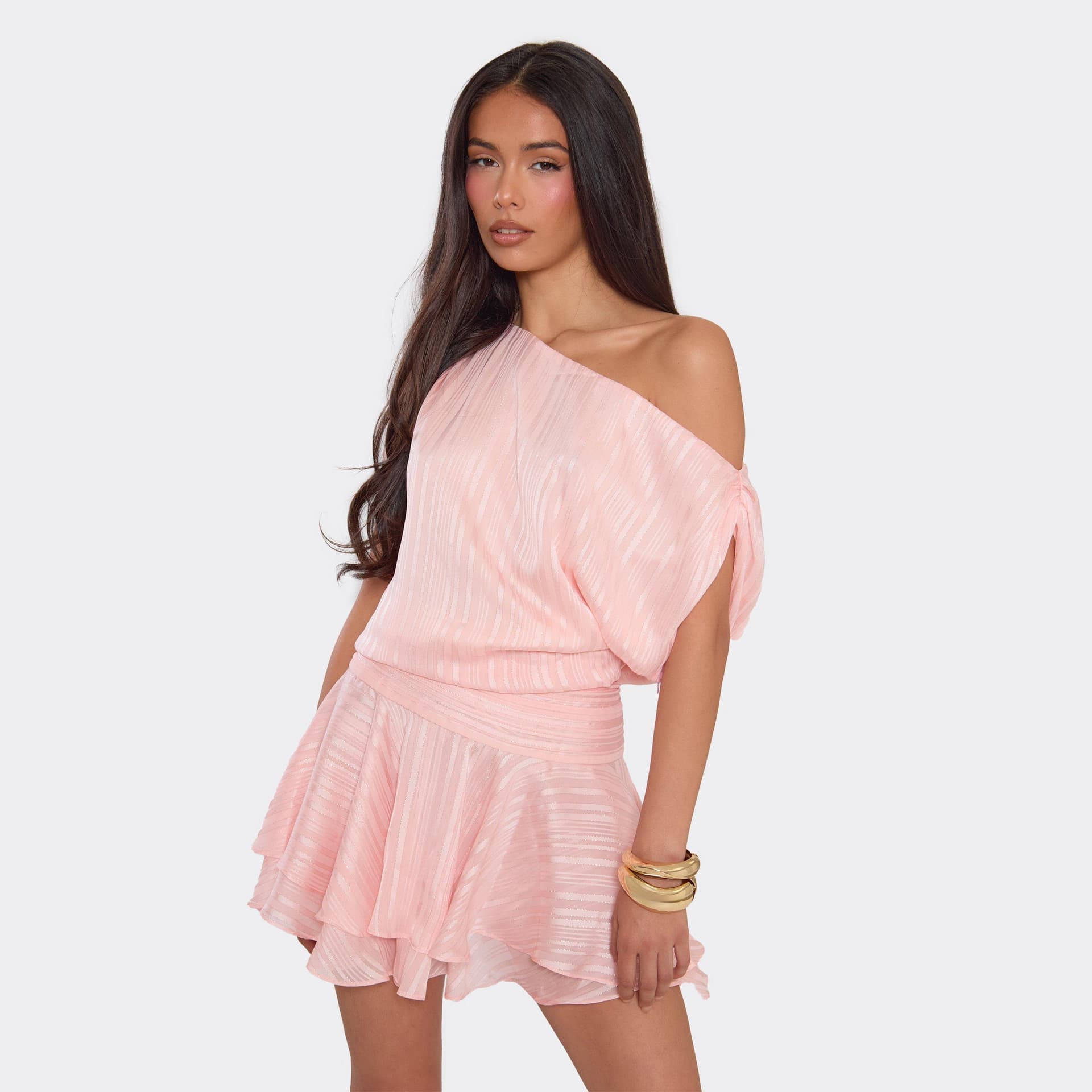 EGO One Shoulder Blouson Tiered Hem Mini Dress In Pink, Women's Size UK 10