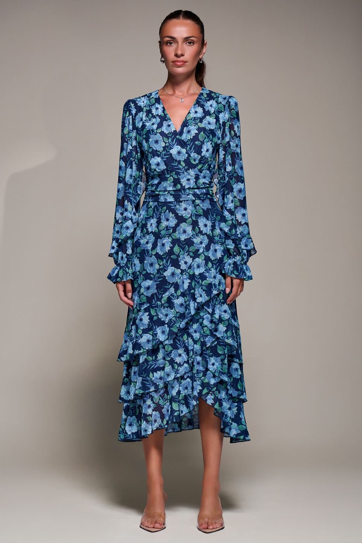 Jolie Moi Jolie Moi Women's Long Sleeve Frill Detail Mesh Maxi dress in Blue