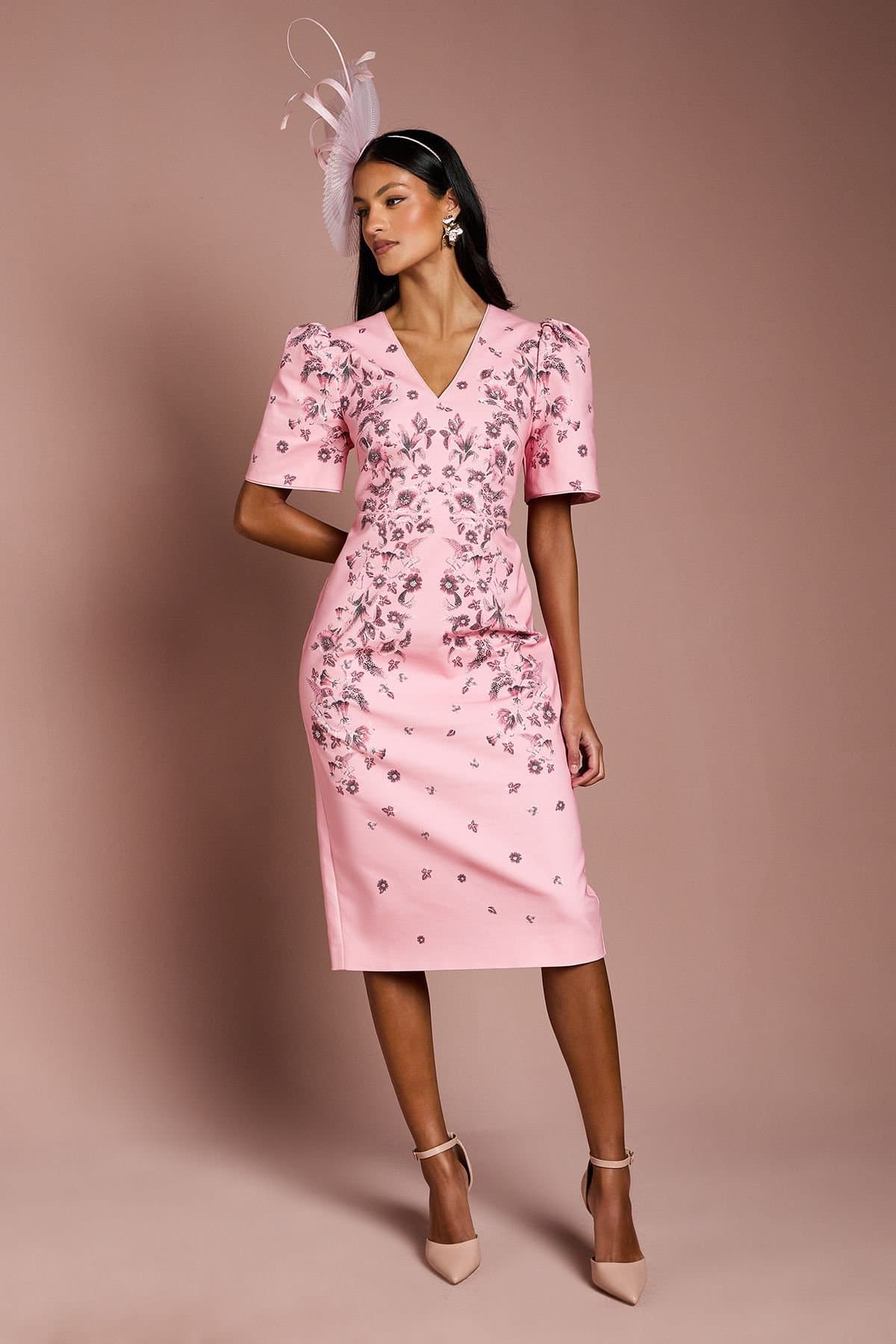 Coast Coast Women's Petite Placement Print Puff Sleeve Cotton Midi Dress in Coral