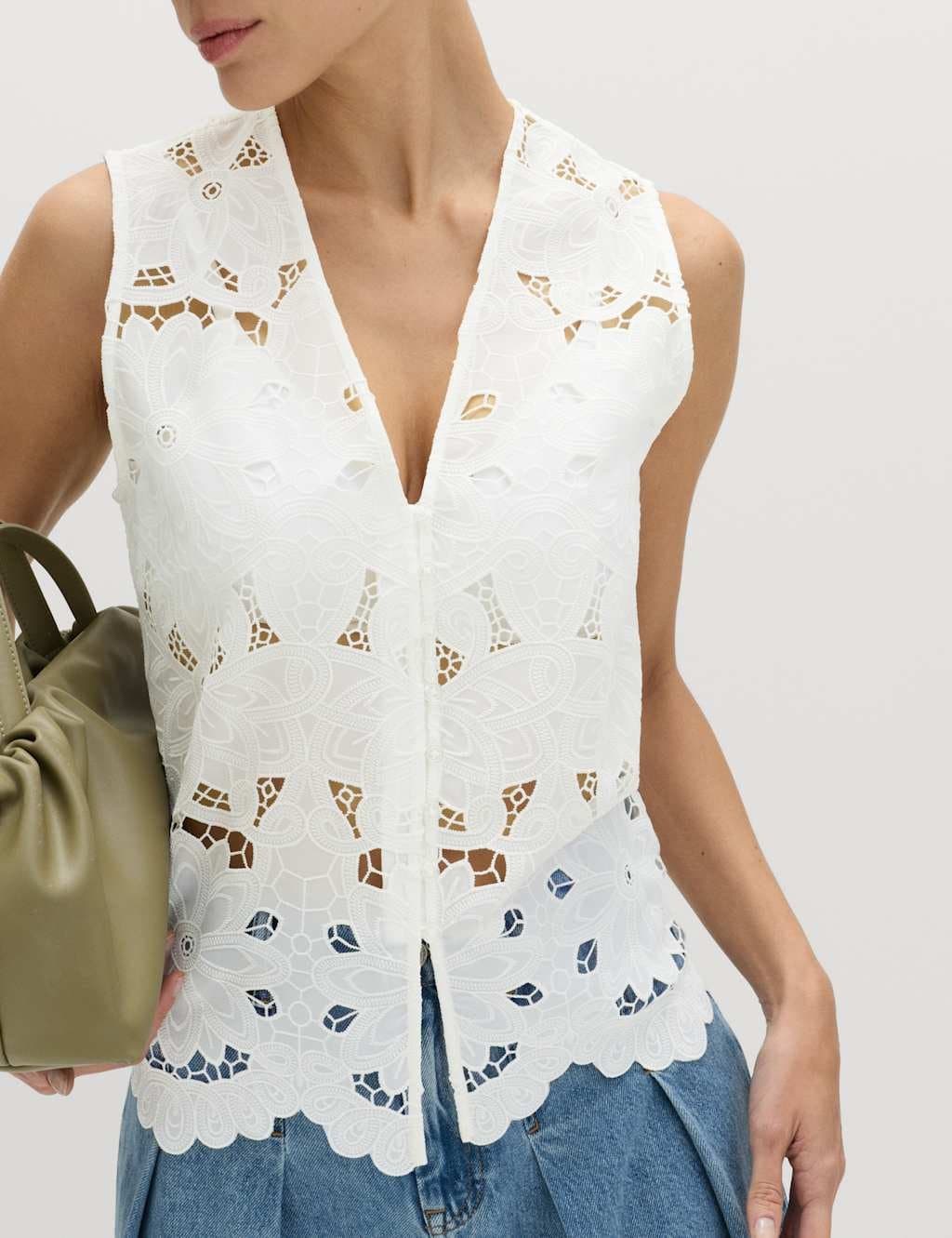 Marks & Spencer M&S Floral V-neck Cutwork Detail Waistcoat in Soft White