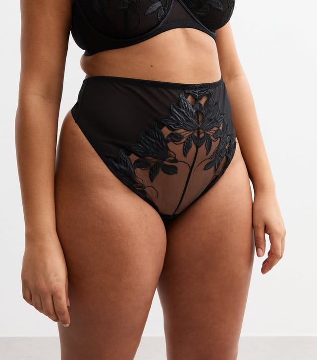 New Look Women's Plus Size Black Floral Appliqued High Waisted Thong Curves New Look - 2