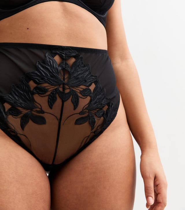 New Look Women's Plus Size Black Floral Appliqued High Waisted Thong Curves New Look - 3