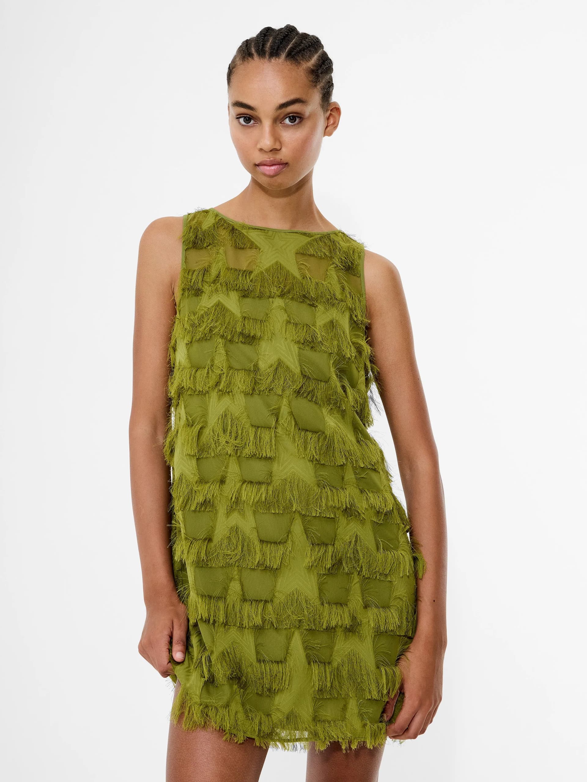 French Connection Miley Chiffon Star Fringe Mini Dress Winter Olive Green