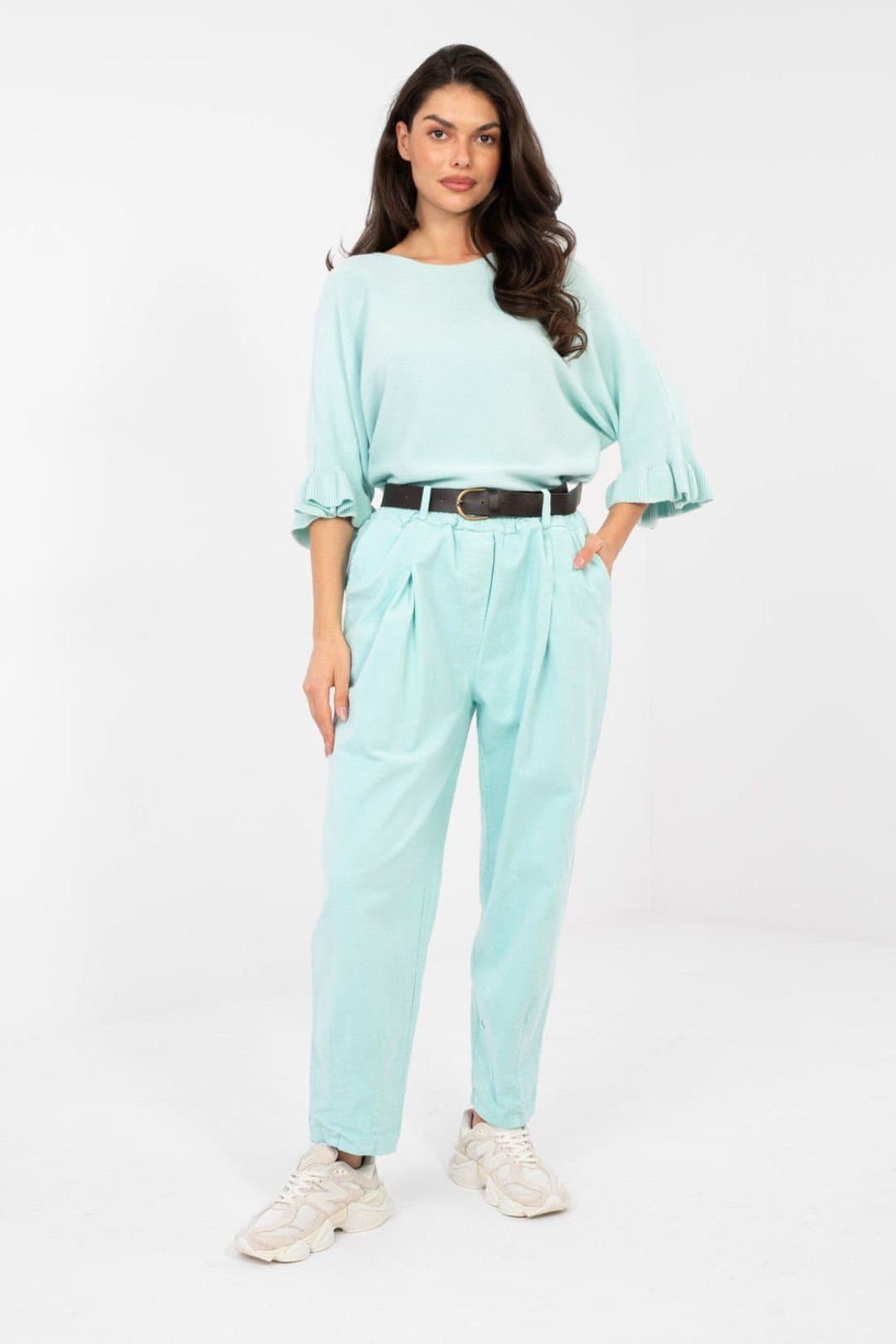 Love Lace Love Lace Women's Elegant Viscose Blend Ruffle Sleeve Sweater in Aqua