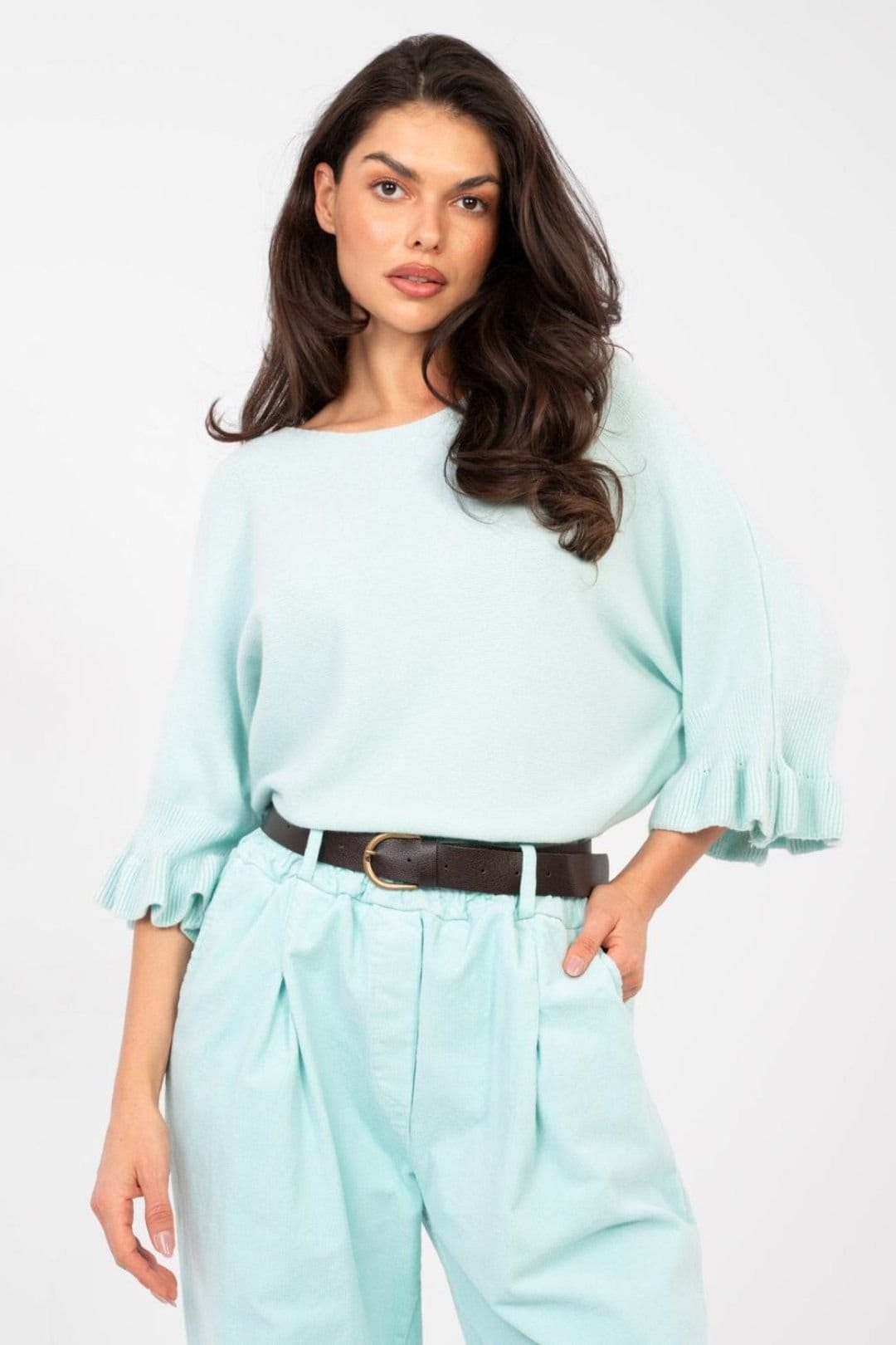 Love Lace Love Lace Women's Elegant Viscose Blend Ruffle Sleeve Sweater in Aqua - 4