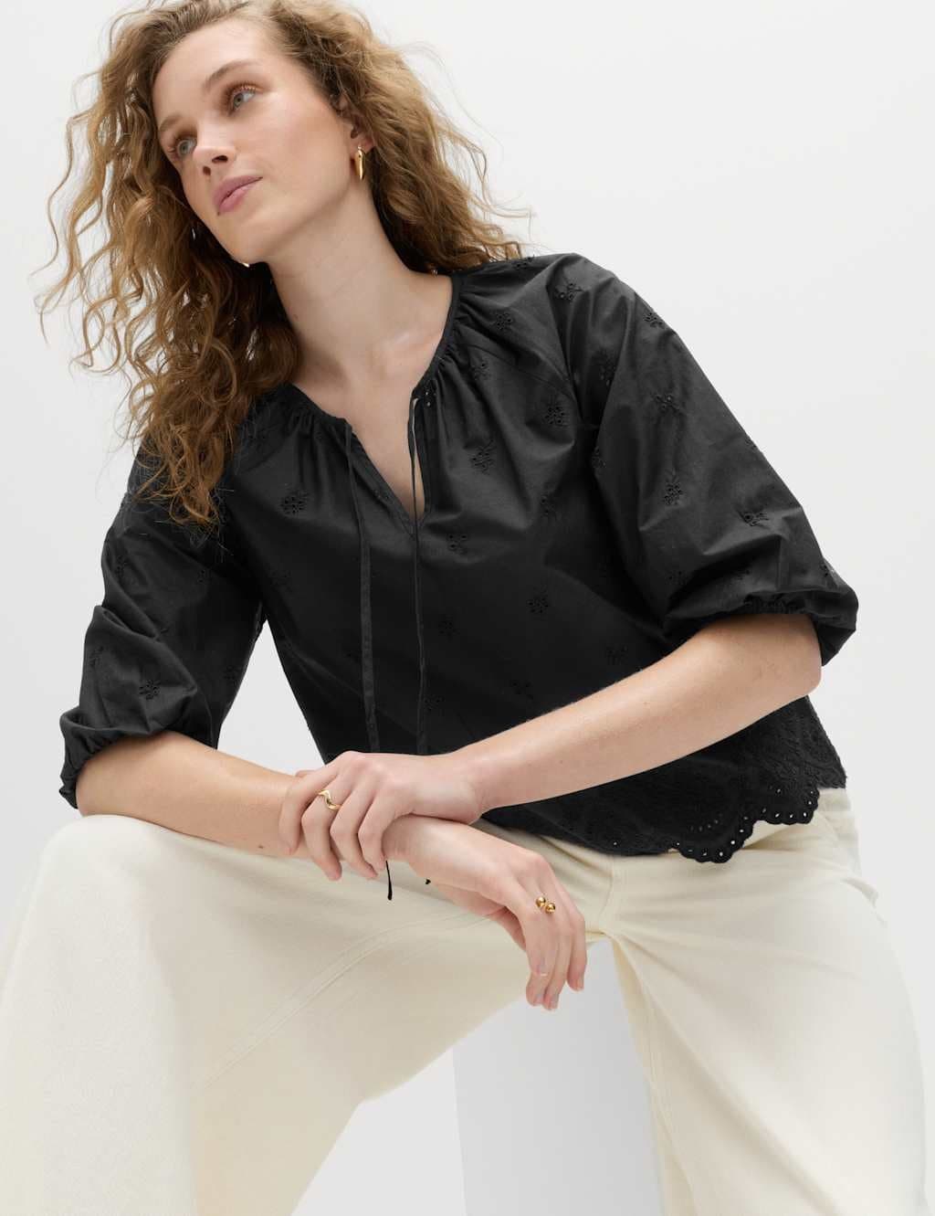 Marks & Spencer M&S Pure Cotton Broderie Tie Neck Blouse Black