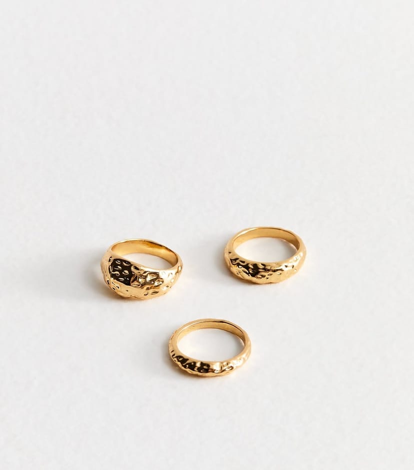 New Look Pack of 3 Gold Tone Chunky Hammered Texture Rings New Look - 1