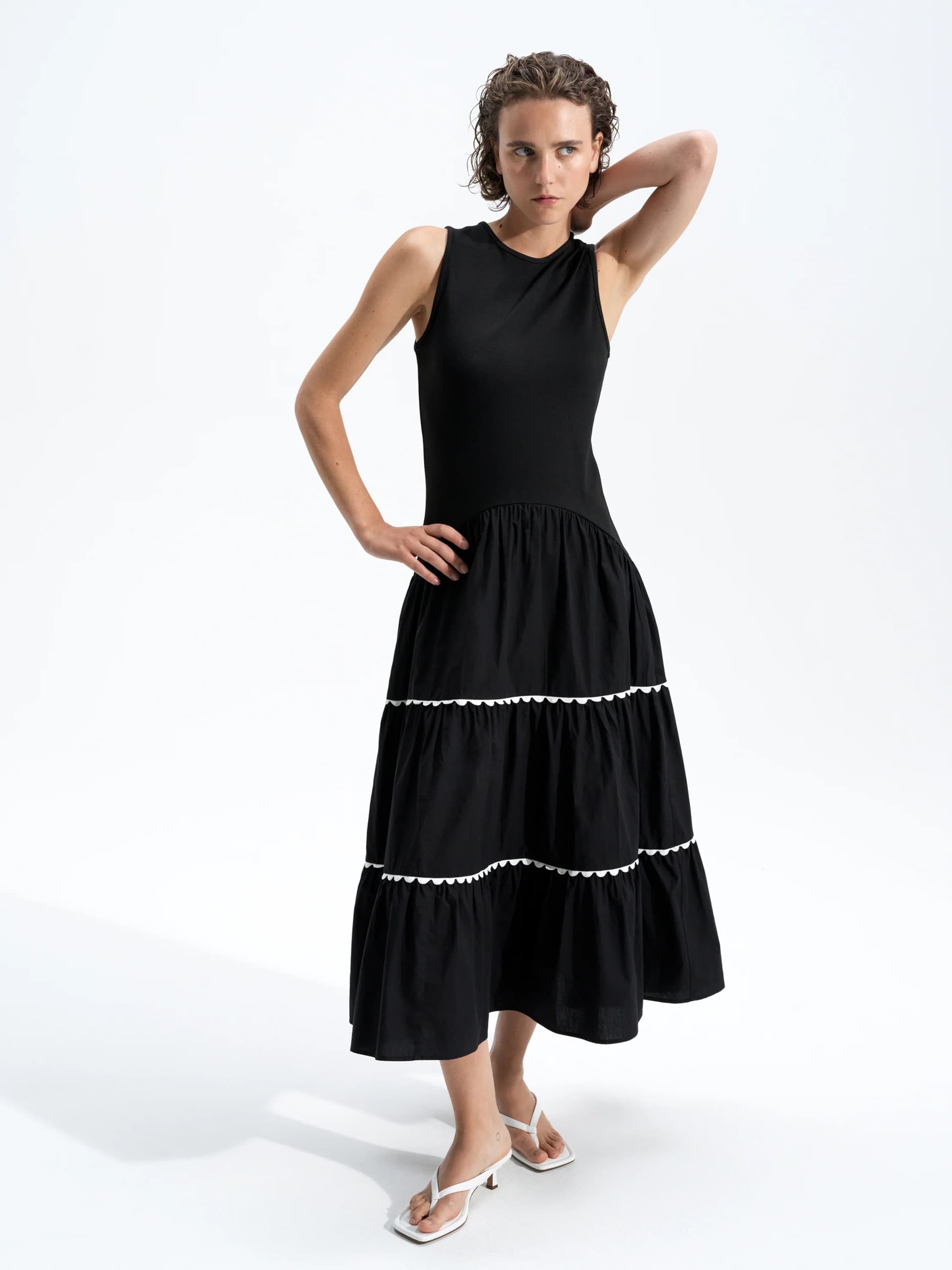 French Connection Kaylie Jia Mix Ric Rac Midi Dress Black/Porcelain Cream