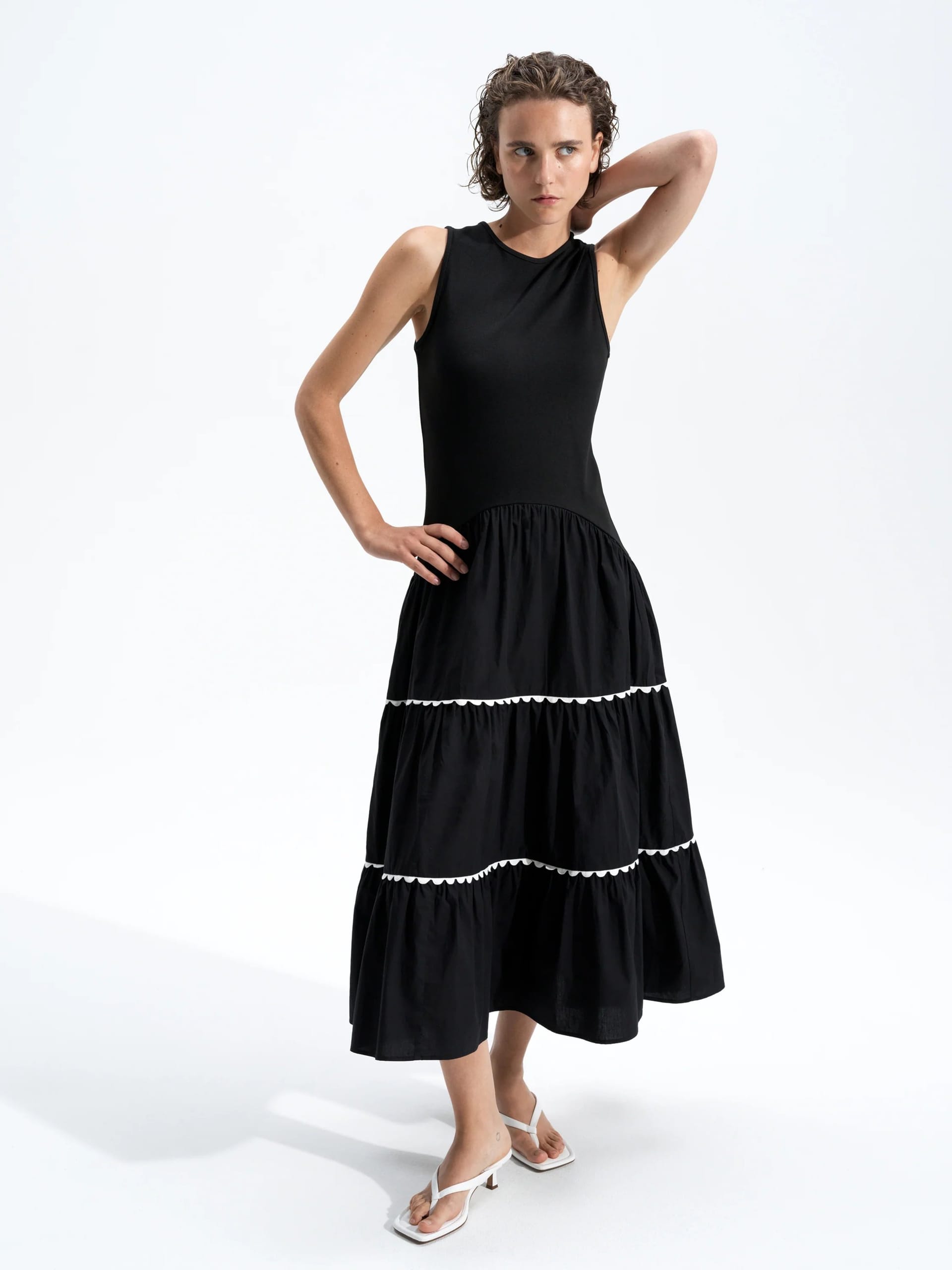 French Connection Black/Cream Ric Rac Midi Dress