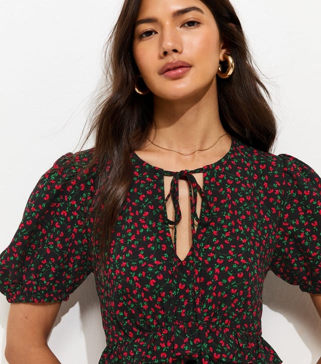 New Look Women's Black Floral Short Sleeve Keyhole Midi Dress New Look - 2