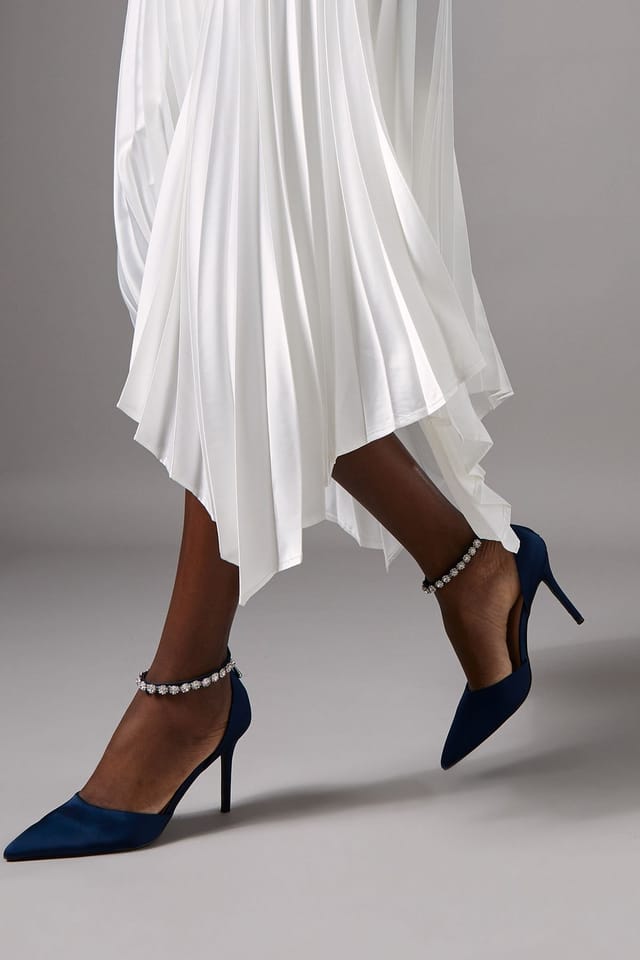 Coast Coast Women's Wide Fit Tatiana Satin Jewelled Anklet High Stiletto Court Shoes in Navy - 2