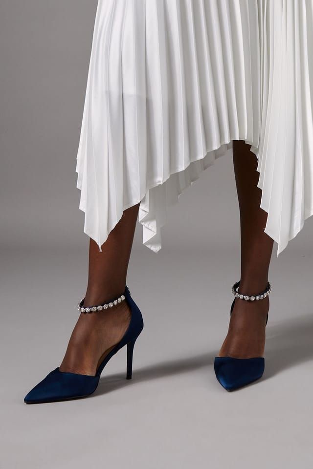 Coast Coast Women's Wide Fit Tatiana Satin Jewelled Anklet High Stiletto Court Shoes in Navy - 3